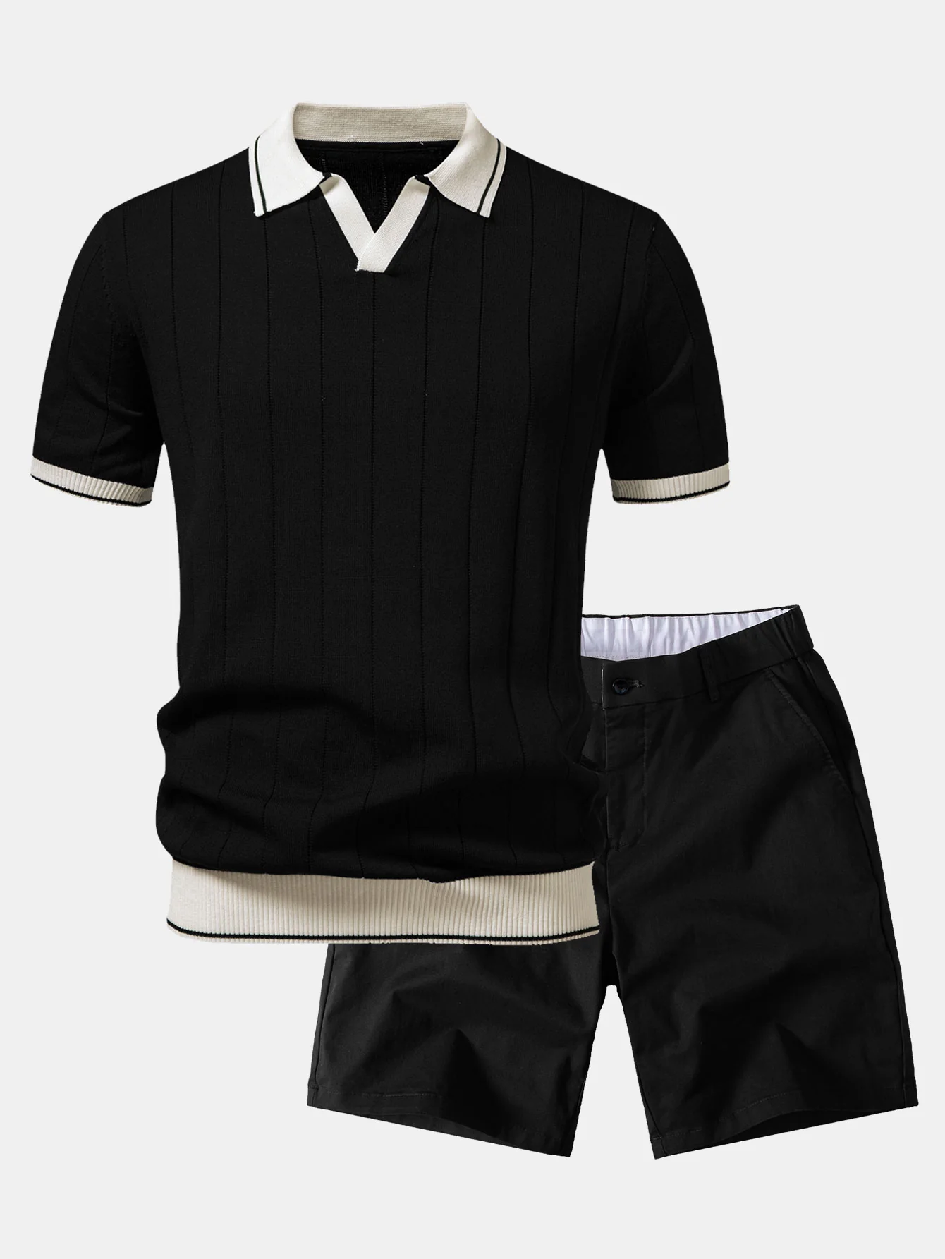 Contrast Trim Ribbed Johnny Collar Knit Polo & Elastic Waist Chino Shorts - Image 4
