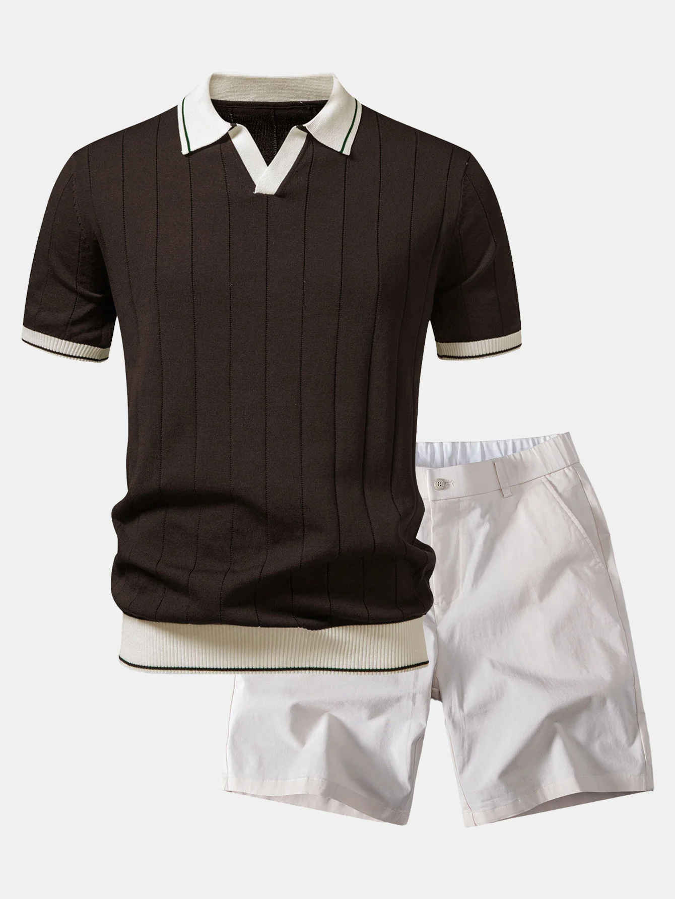 Contrast Trim Ribbed Johnny Collar Knit Polo & Elastic Waist Chino Shorts - Image 5
