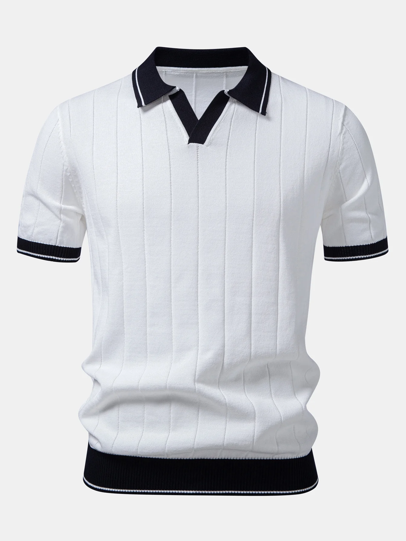 Contrast Trim Ribbed Johnny Collar Knit Polo & Straight Leg Ribbed Pants - Image 5