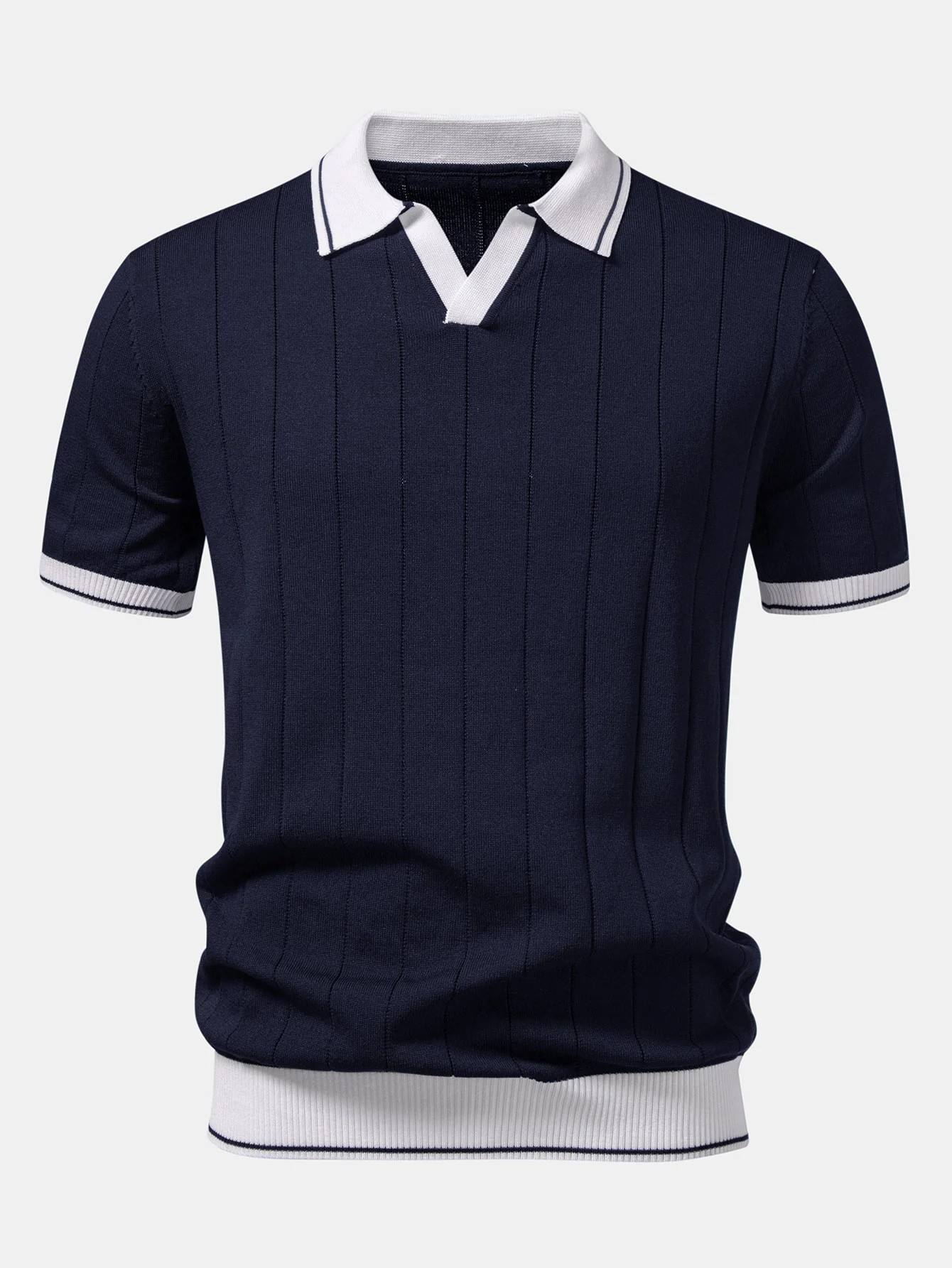 Contrast Trim Ribbed Johnny Collar Knit Polo & Straight Leg Ribbed Pants - Image 7