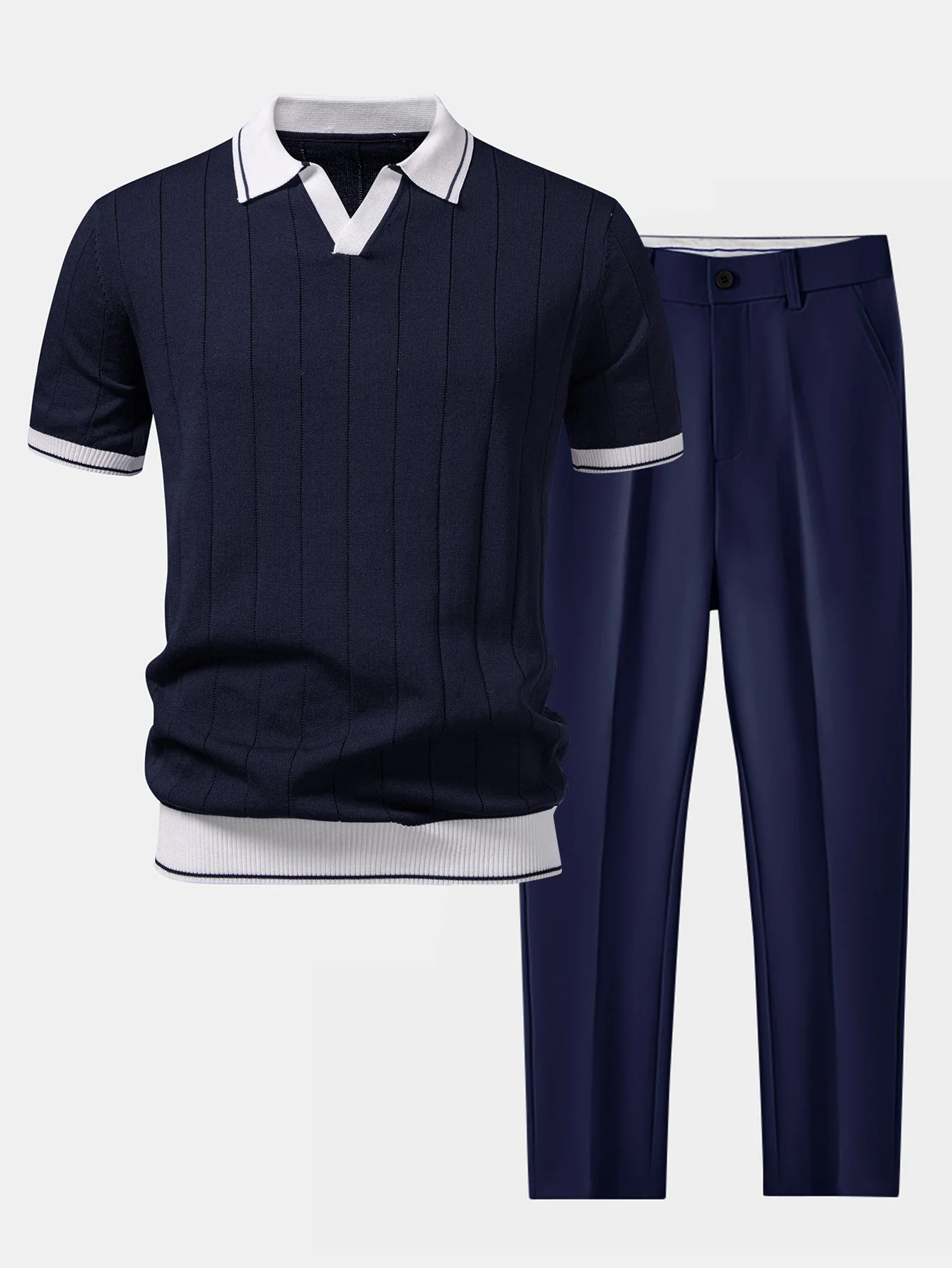 Contrast Trim Ribbed Johnny Collar Knit Polo & Slim Fit Tapered Trousers - Image 2