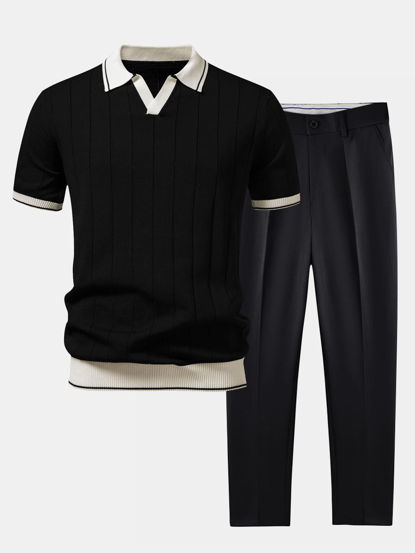 Contrast Trim Ribbed Johnny Collar Knit Polo & Slim Fit Tapered Trousers - Image 3