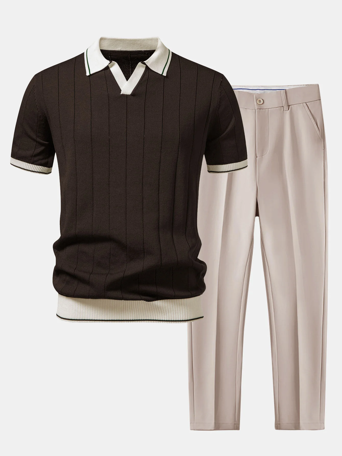 Contrast Trim Ribbed Johnny Collar Knit Polo & Slim Fit Tapered Trousers - Image 4