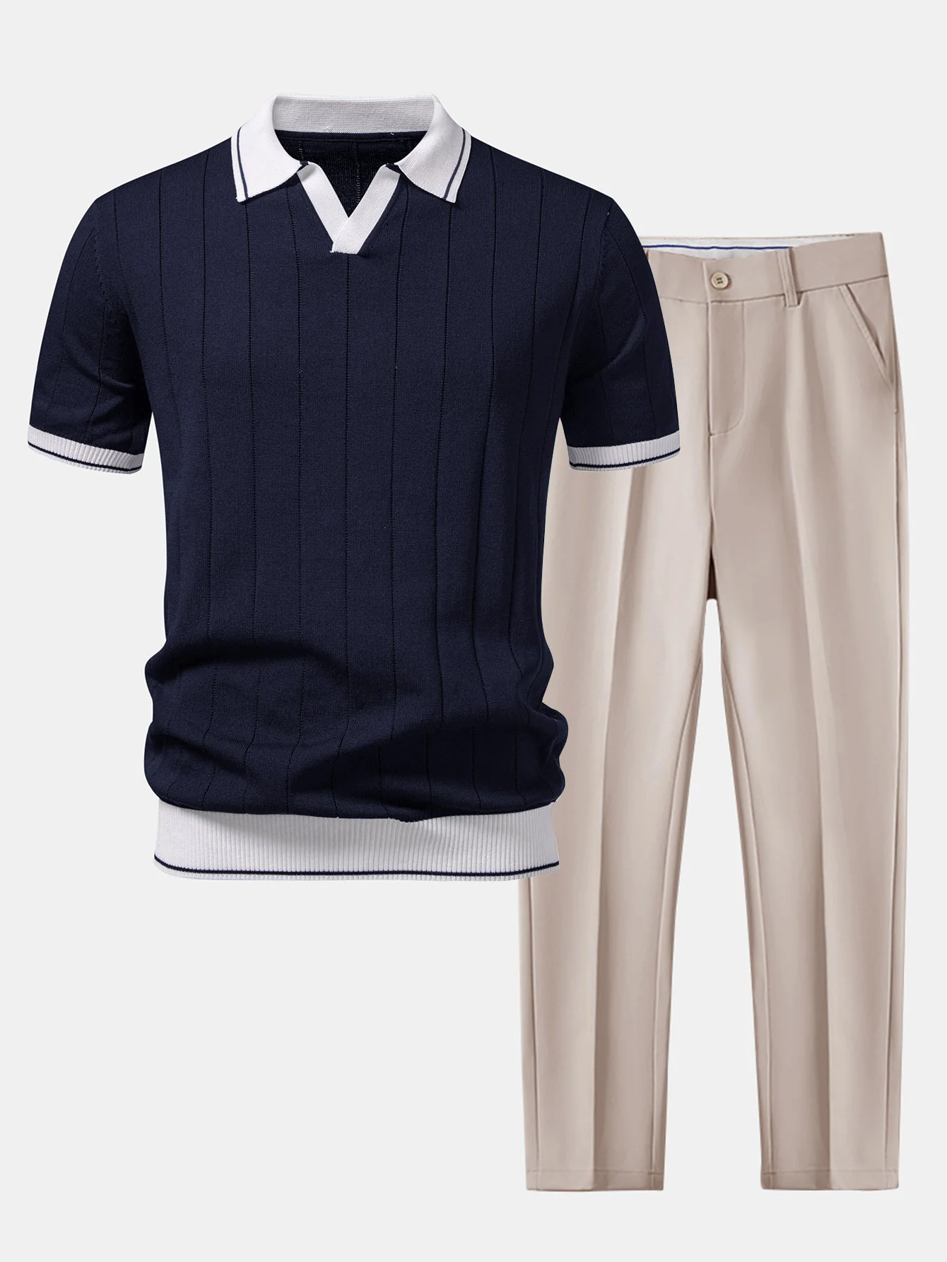 Contrast Trim Ribbed Johnny Collar Knit Polo & Slim Fit Tapered Trousers - Image 5