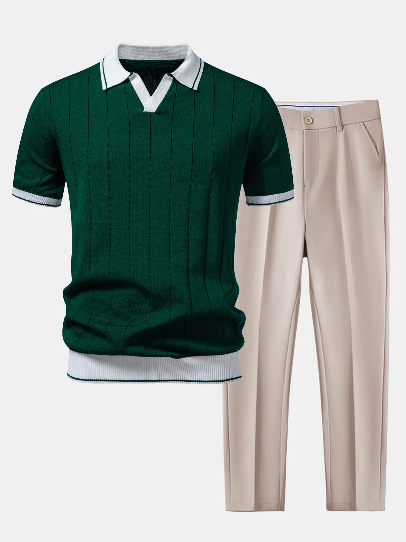 Contrast Trim Ribbed Johnny Collar Knit Polo & Slim Fit Tapered Trousers - Image 6