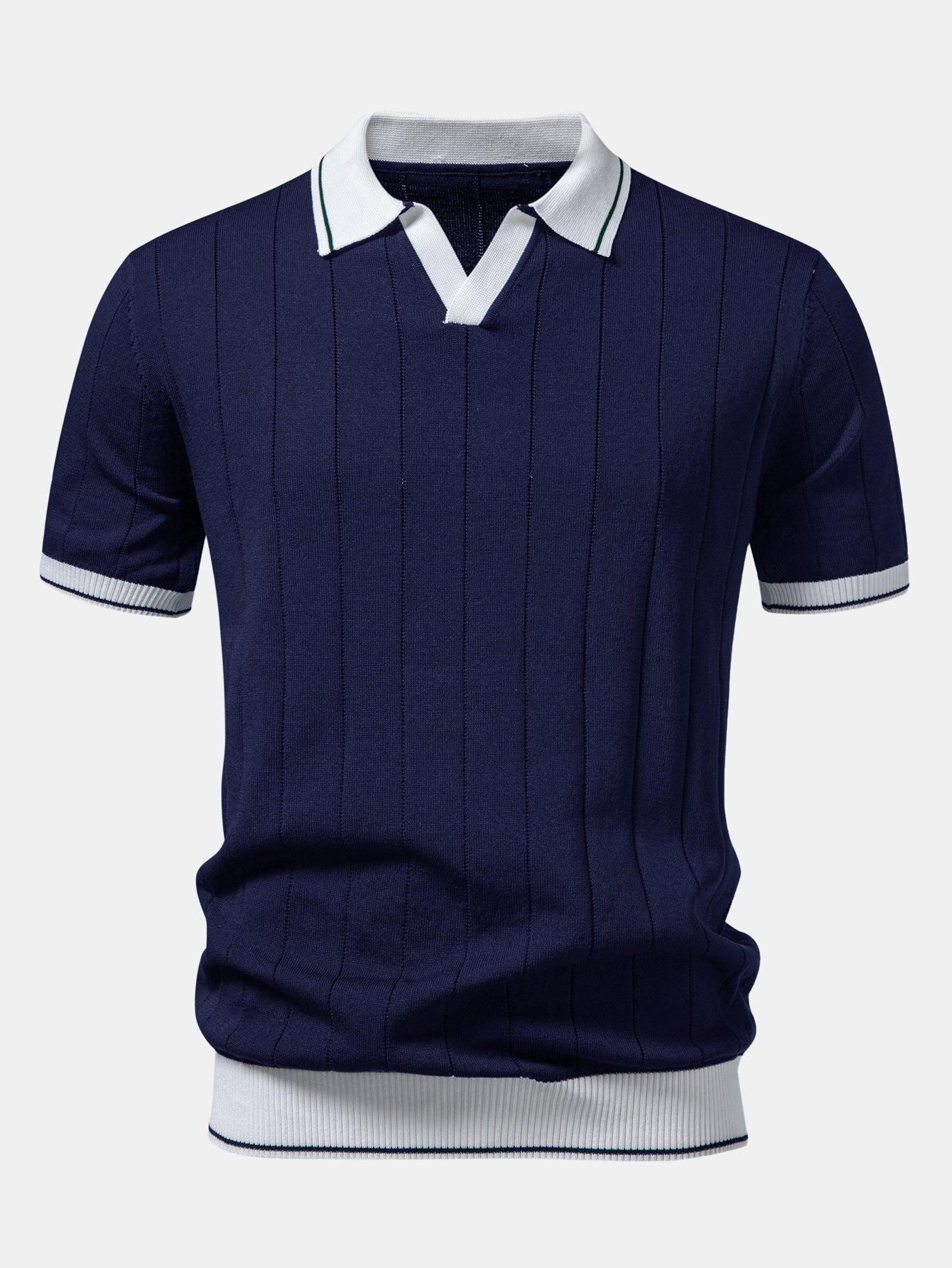 Contrast Trim Ribbed Johnny Collar Knit Polo & Slim Fit Tapered Trousers - Image 9