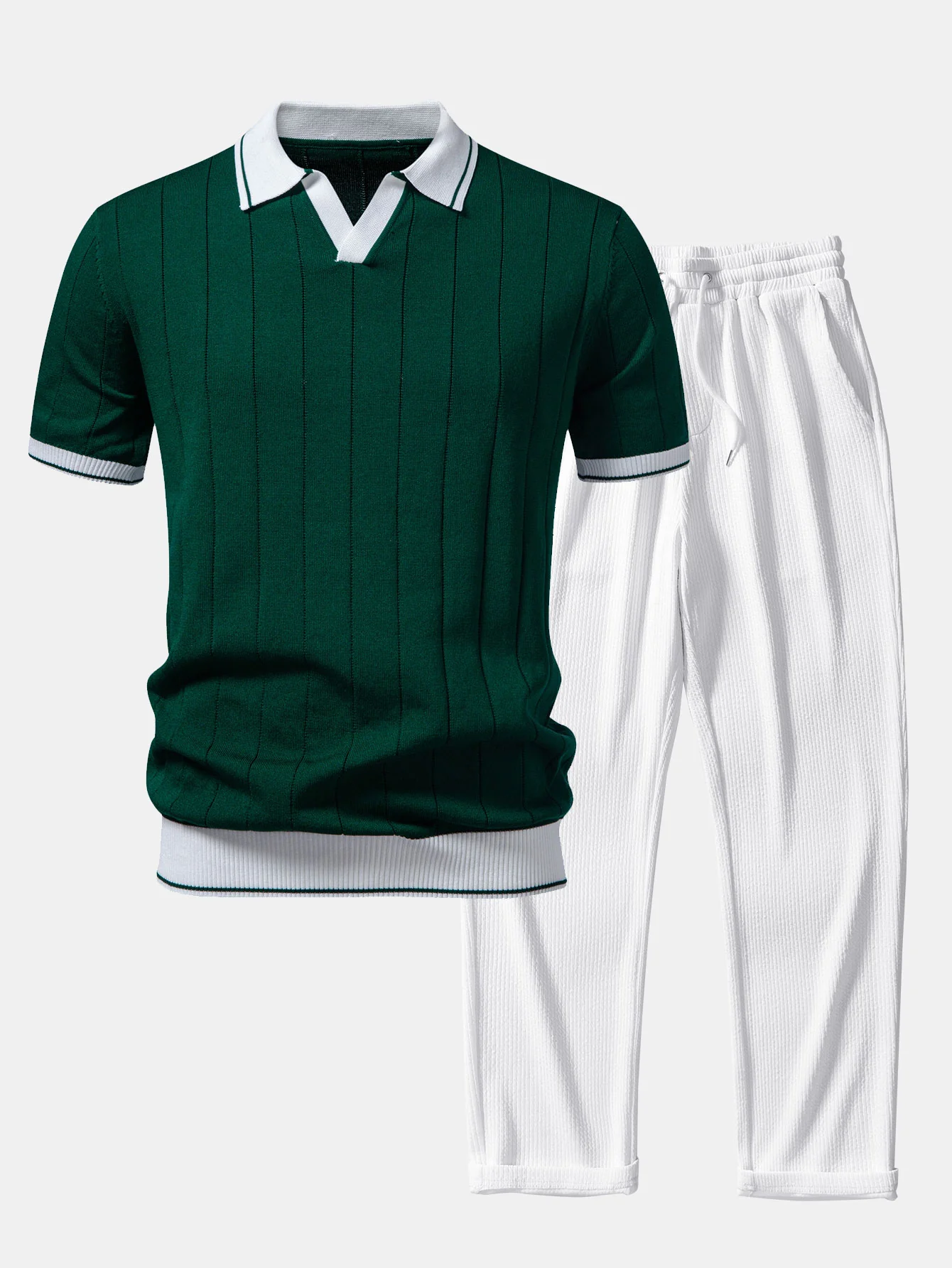 Contrast Trim Ribbed Johnny Collar Knit Polo & Straight Leg Ribbed Pants - Image 3