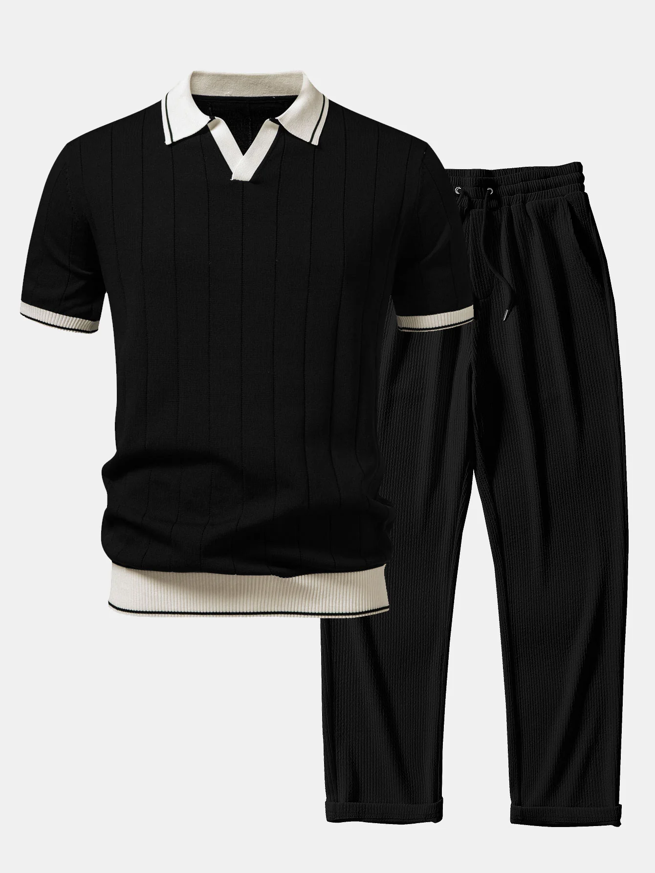 Contrast Trim Ribbed Johnny Collar Knit Polo & Straight Leg Ribbed Pants - Image 4
