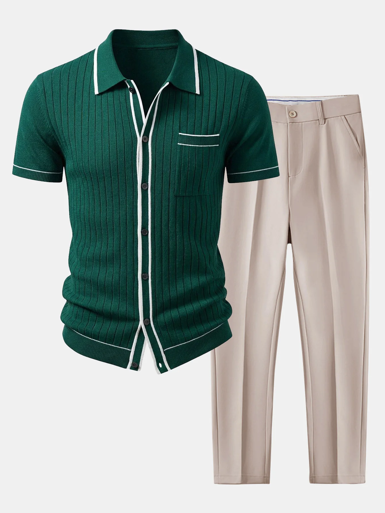 Contrast Trim Ribbed Knit Shirt & Slim Fit Tapered Trousers - Image 2
