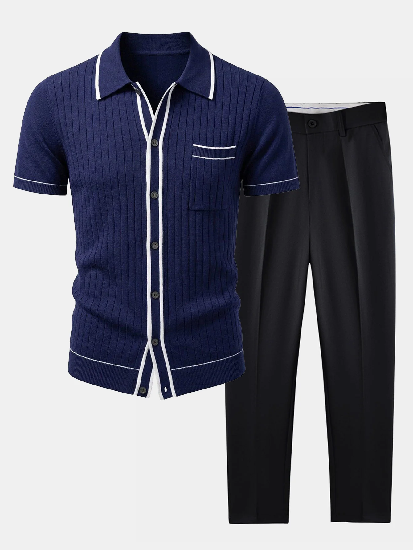 Contrast Trim Ribbed Knit Shirt & Slim Fit Tapered Trousers - Image 3