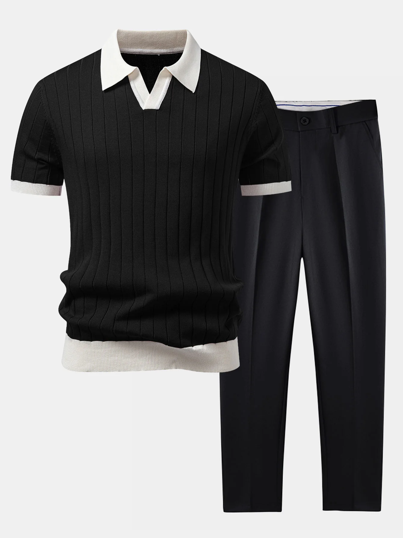 Contrast Trim Stripe Johnny Collar Polo & Slim Fit Tapered Trousers - Image 2