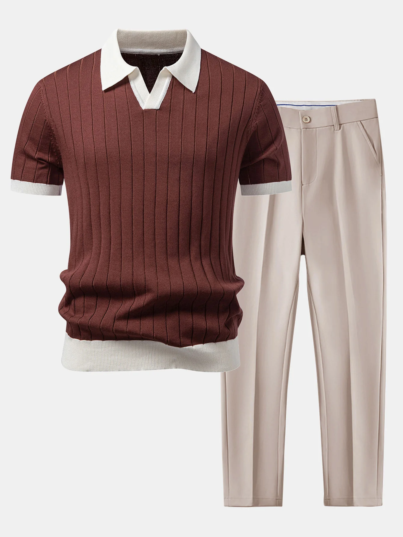 Contrast Trim Stripe Johnny Collar Polo & Slim Fit Tapered Trousers - Image 3