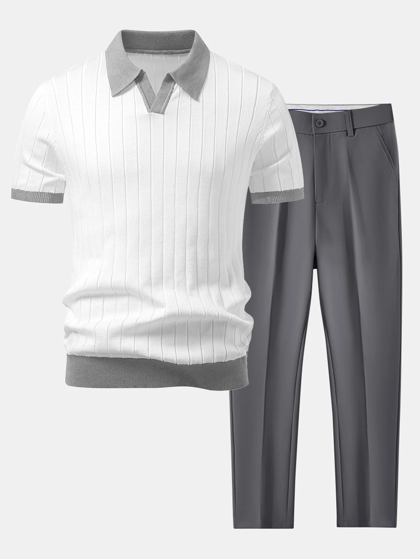 Contrast Trim Stripe Johnny Collar Polo & Slim Fit Tapered Trousers - Image 4
