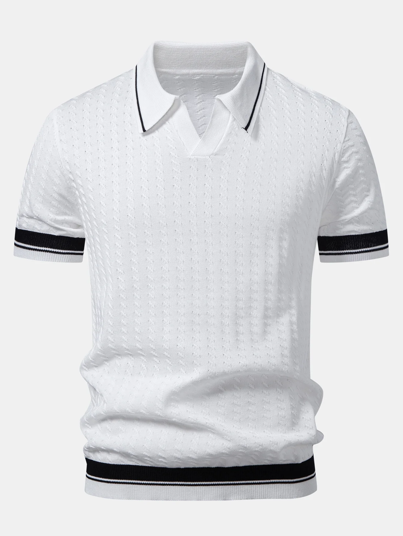 Contrast Trim Textured Johnny Collar Knit Polo