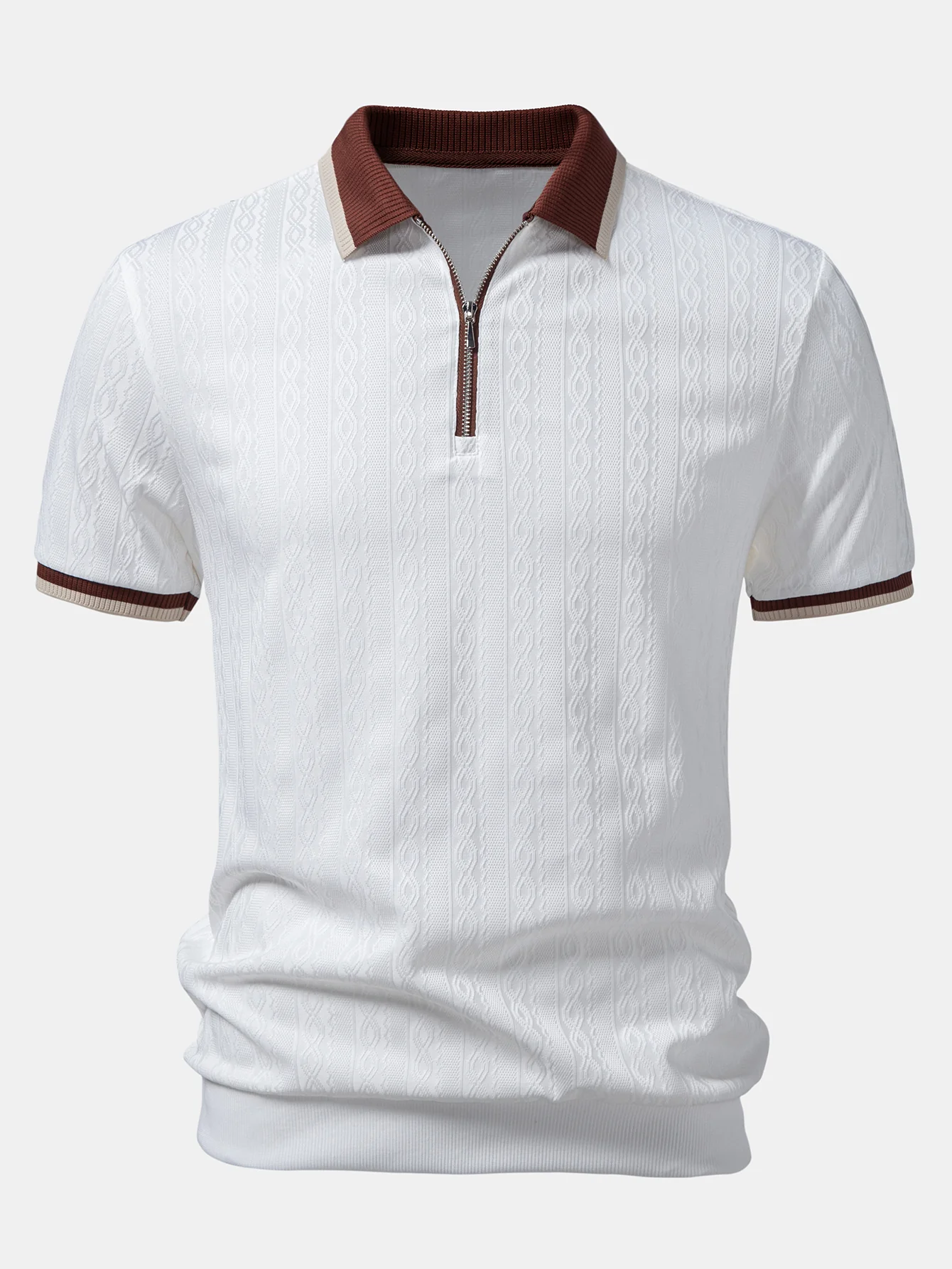 Contrast Trim Textured Zipper Knit Polo & Elastic Waist Chino Shorts - Image 10