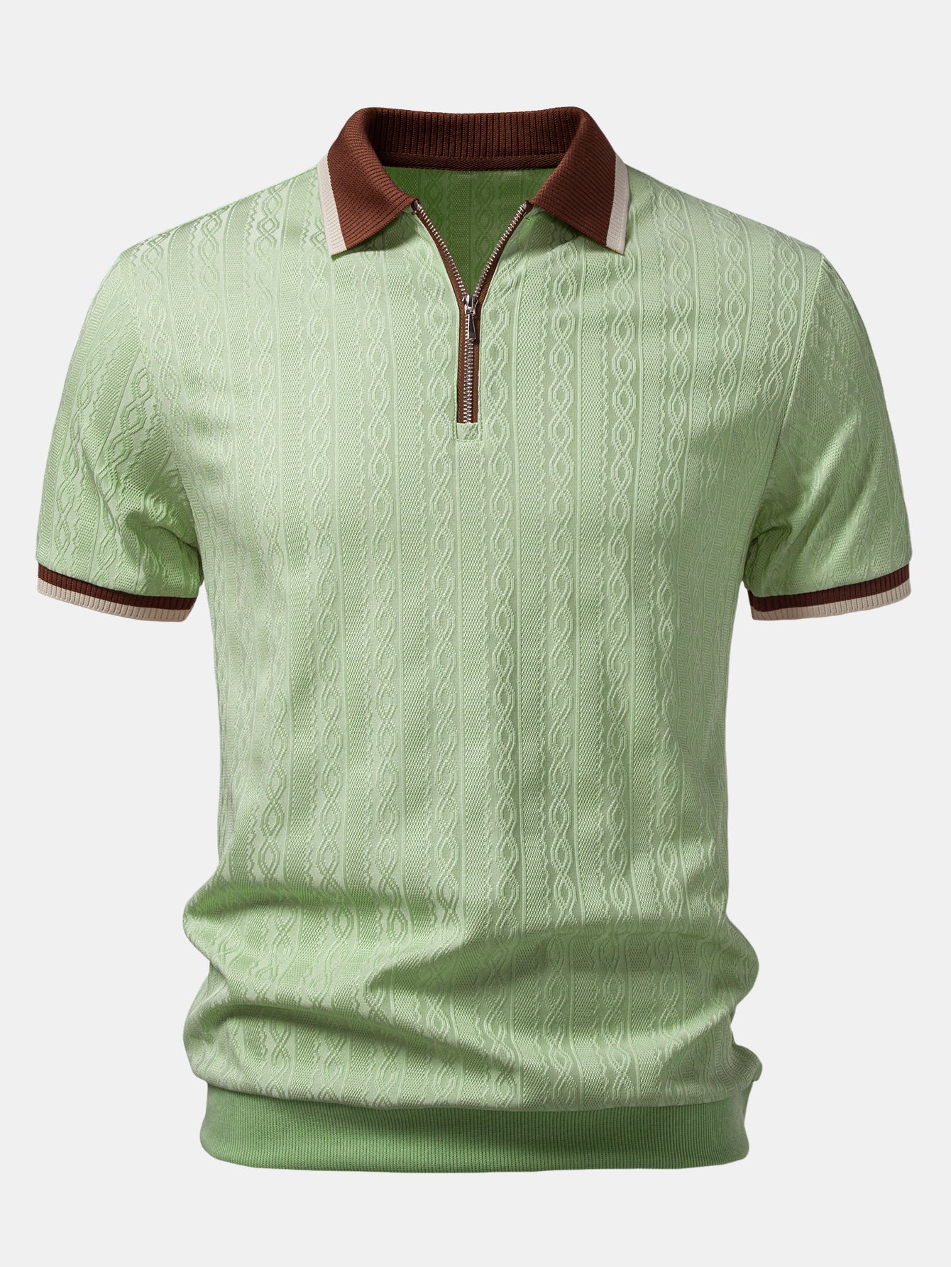 Contrast Trim Textured Zipper Knit Polo & Elastic Waist Chino Shorts - Image 12