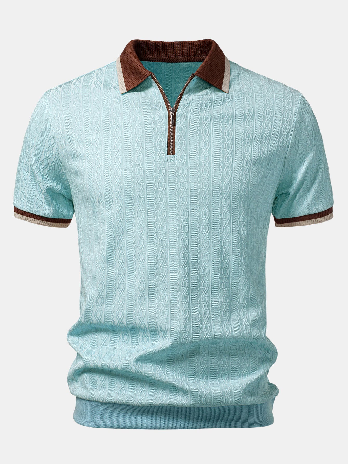 Contrast Trim Textured Zipper Knit Polo & Elastic Waist Chino Shorts - Image 14