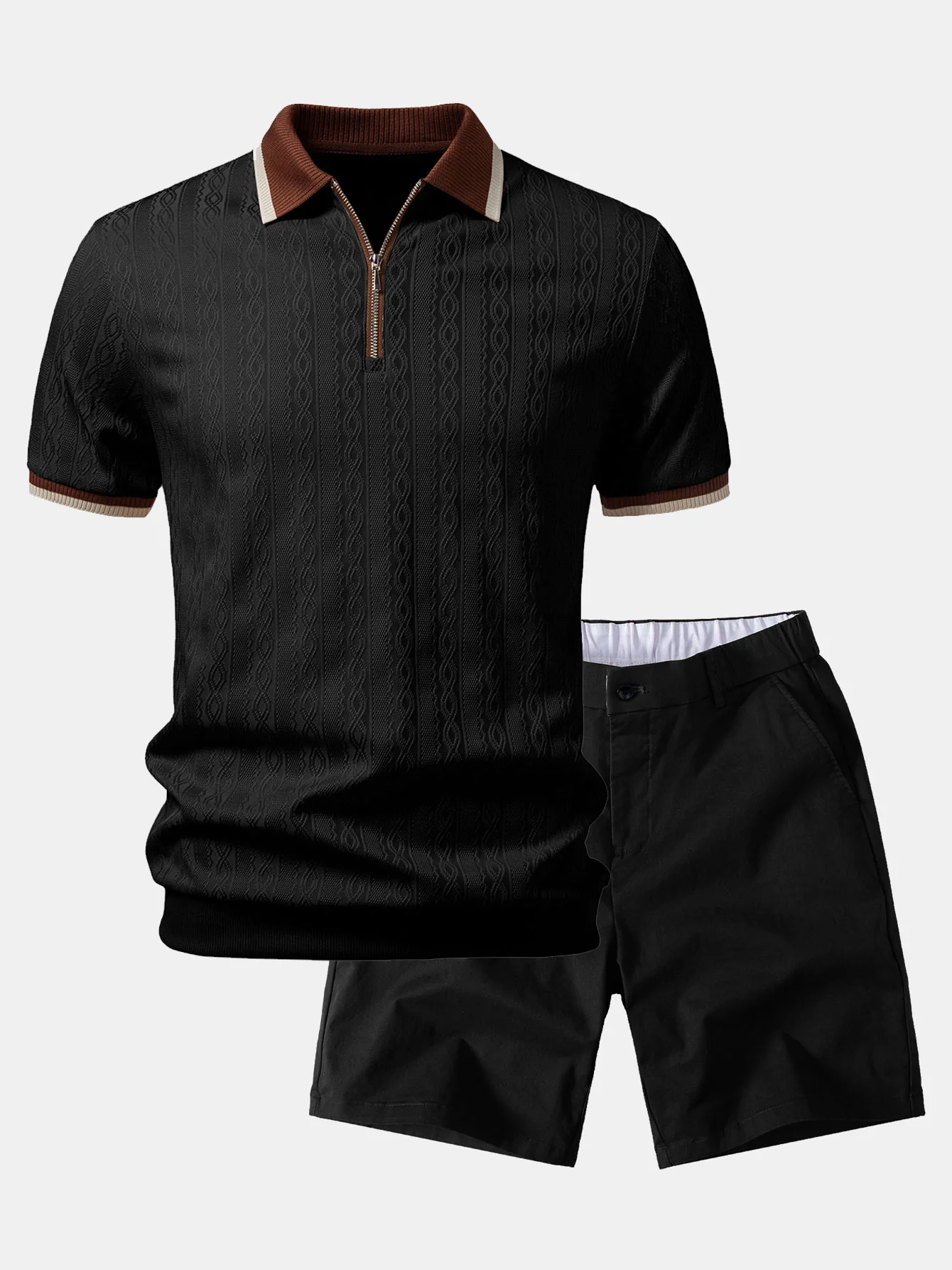 Contrast Trim Textured Zipper Knit Polo & Elastic Waist Chino Shorts - Image 2