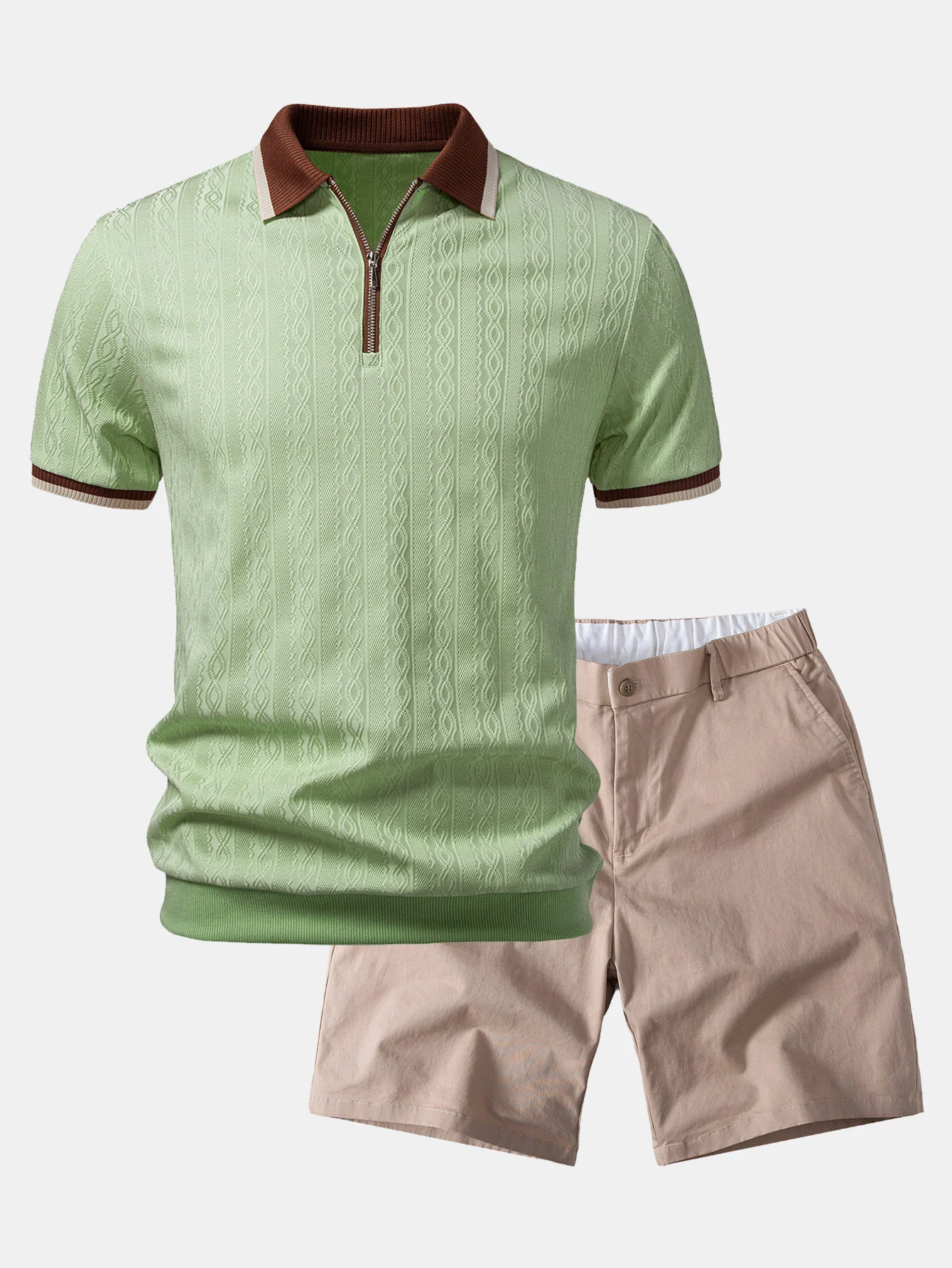 Contrast Trim Textured Zipper Knit Polo & Elastic Waist Chino Shorts - Image 3