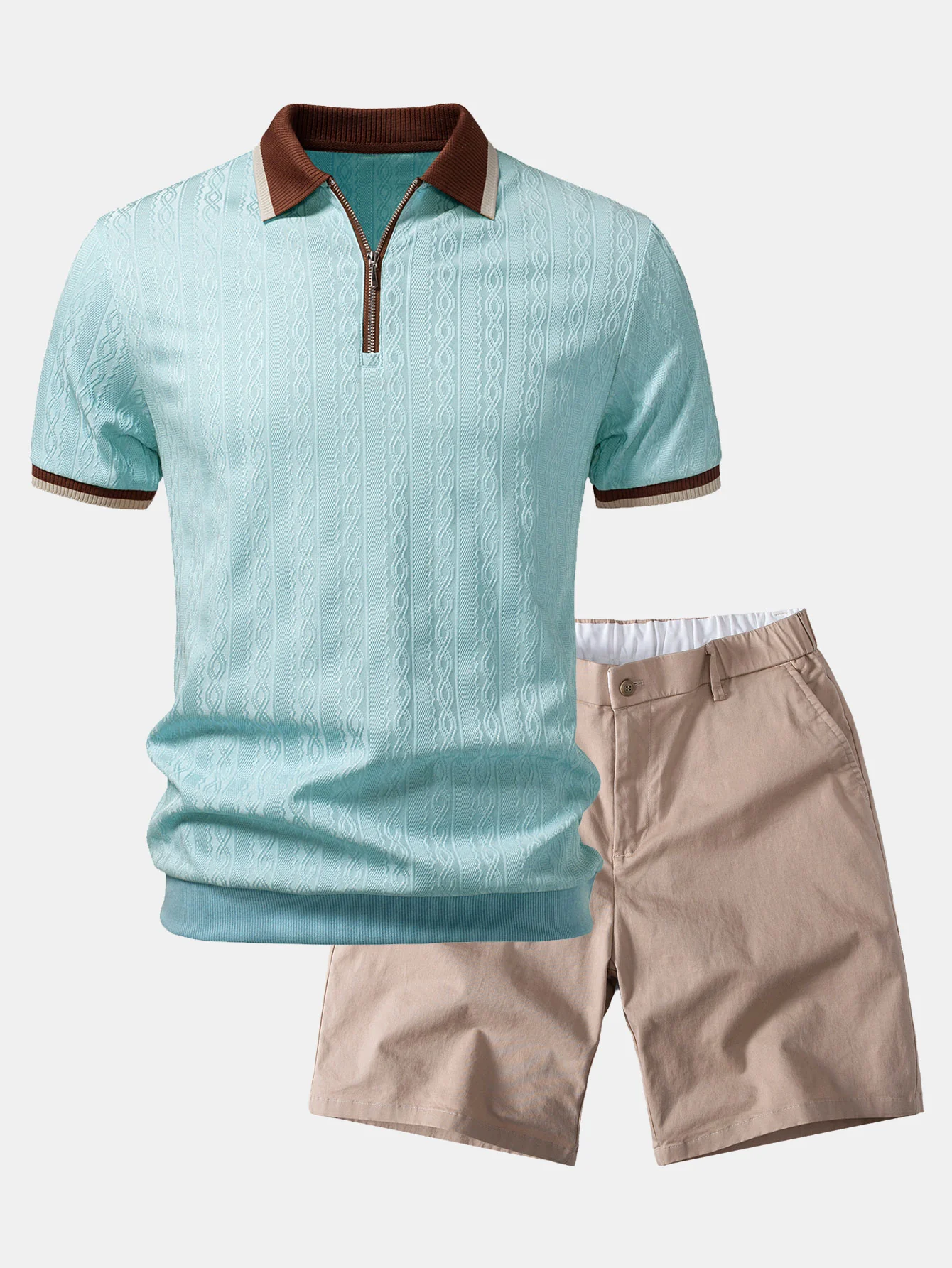 Contrast Trim Textured Zipper Knit Polo & Elastic Waist Chino Shorts - Image 4