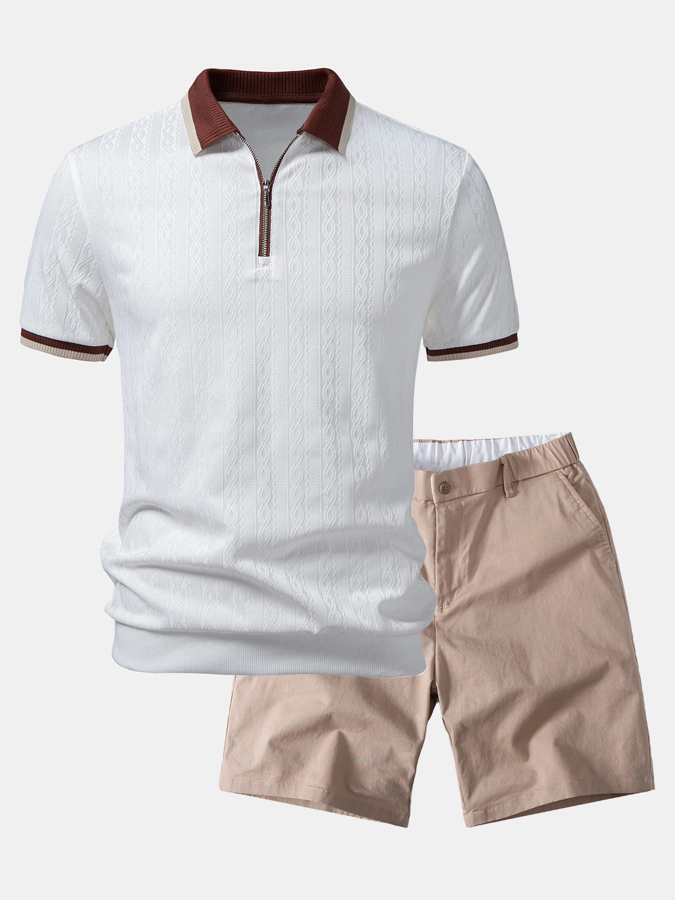 Contrast Trim Textured Zipper Knit Polo & Elastic Waist Chino Shorts - Image 5