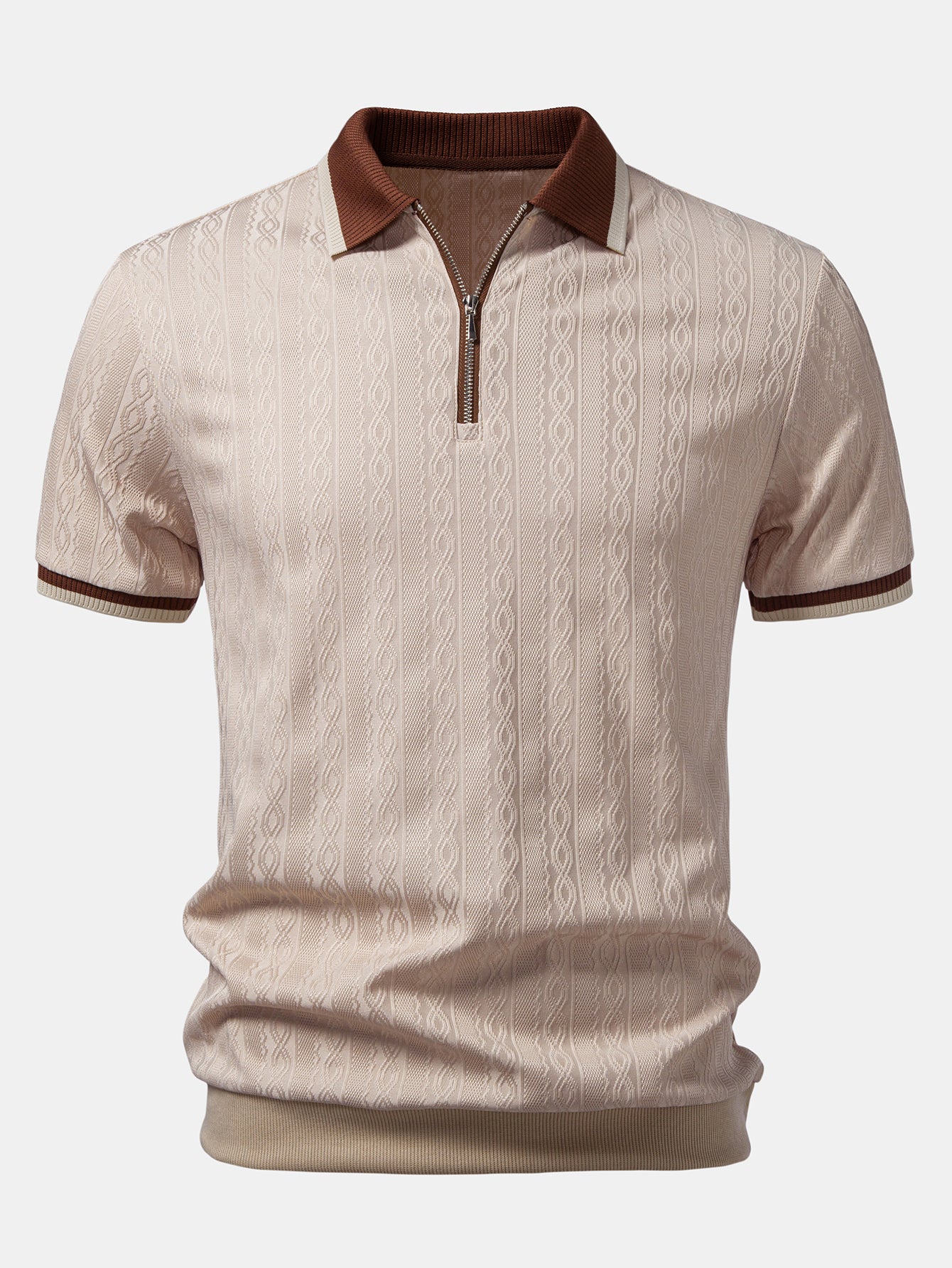Contrast Trim Textured Zipper Knit Polo & Elastic Waist Chino Shorts - Image 6