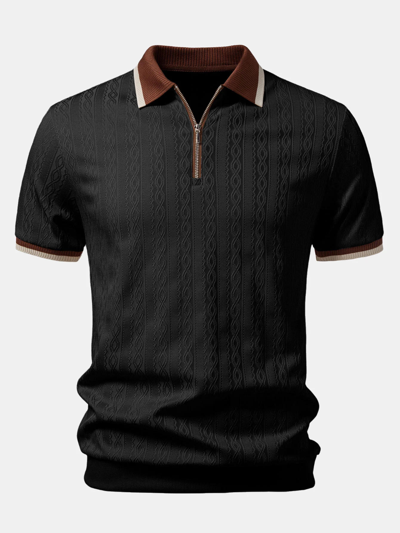 Contrast Trim Textured Zipper Knit Polo & Elastic Waist Chino Shorts - Image 8
