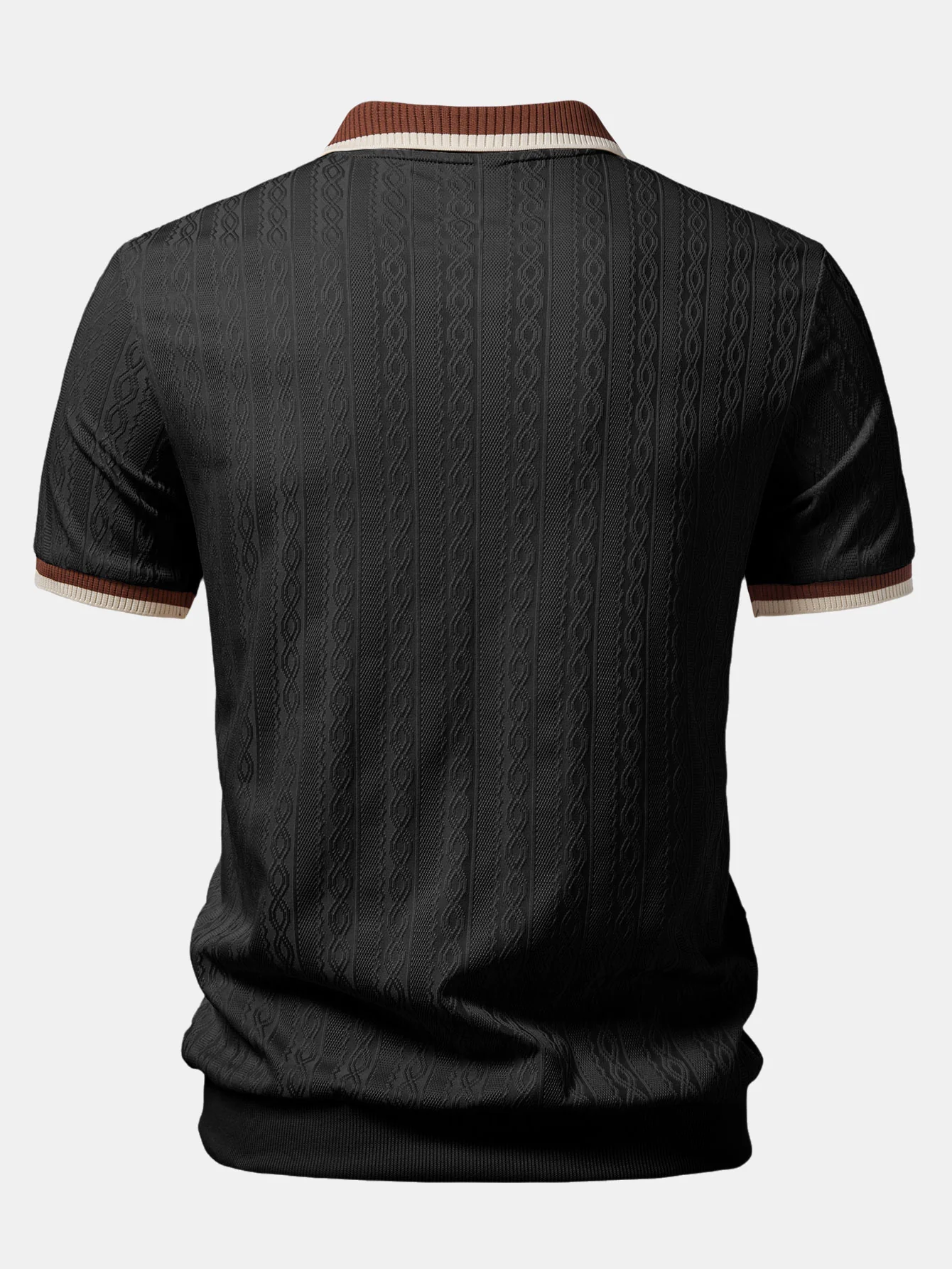 Contrast Trim Textured Zipper Knit Polo & Elastic Waist Chino Shorts - Image 9