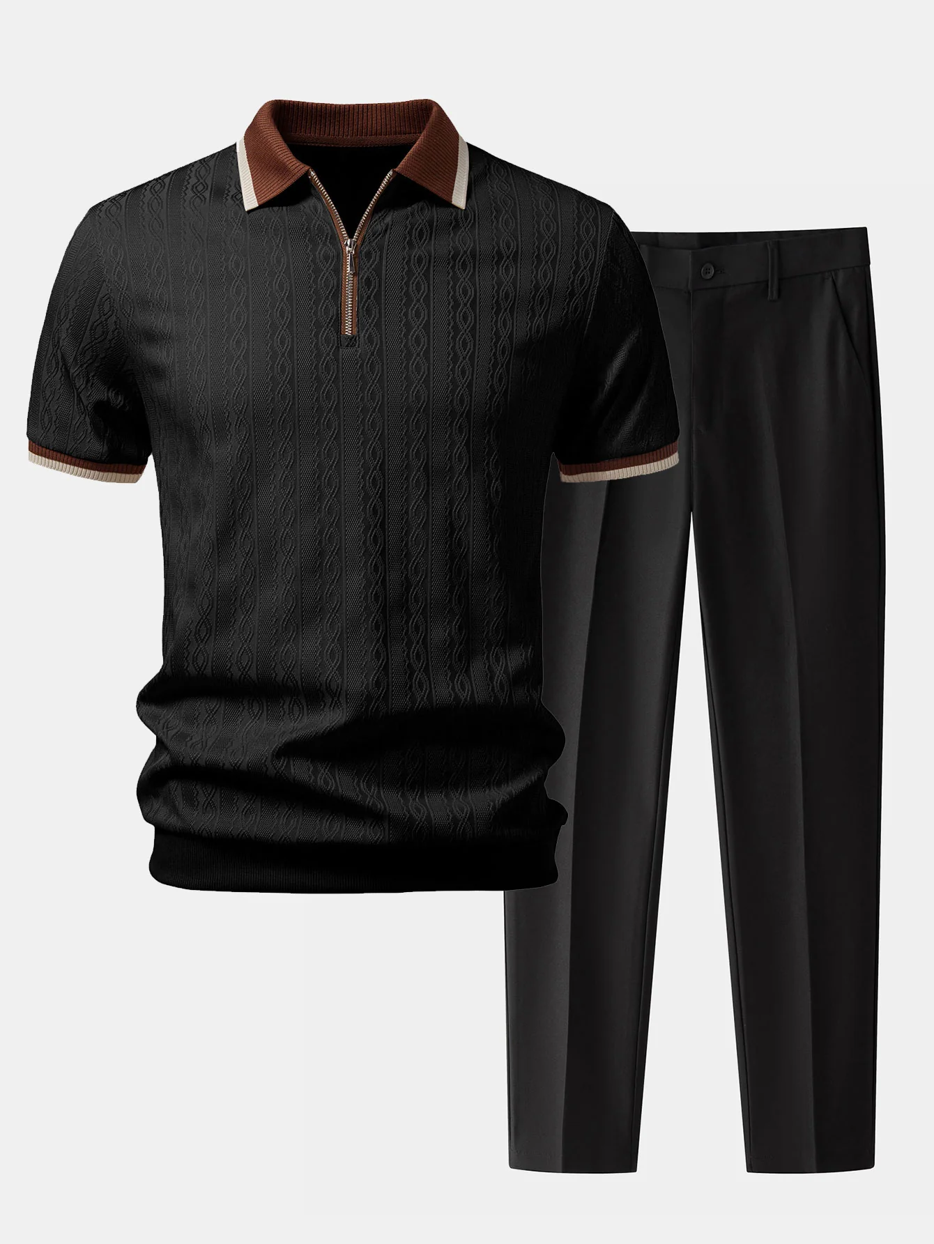 Contrast Trim Textured Zipper Knit Polo & Slim Fit Tapered Trousers - Image 2