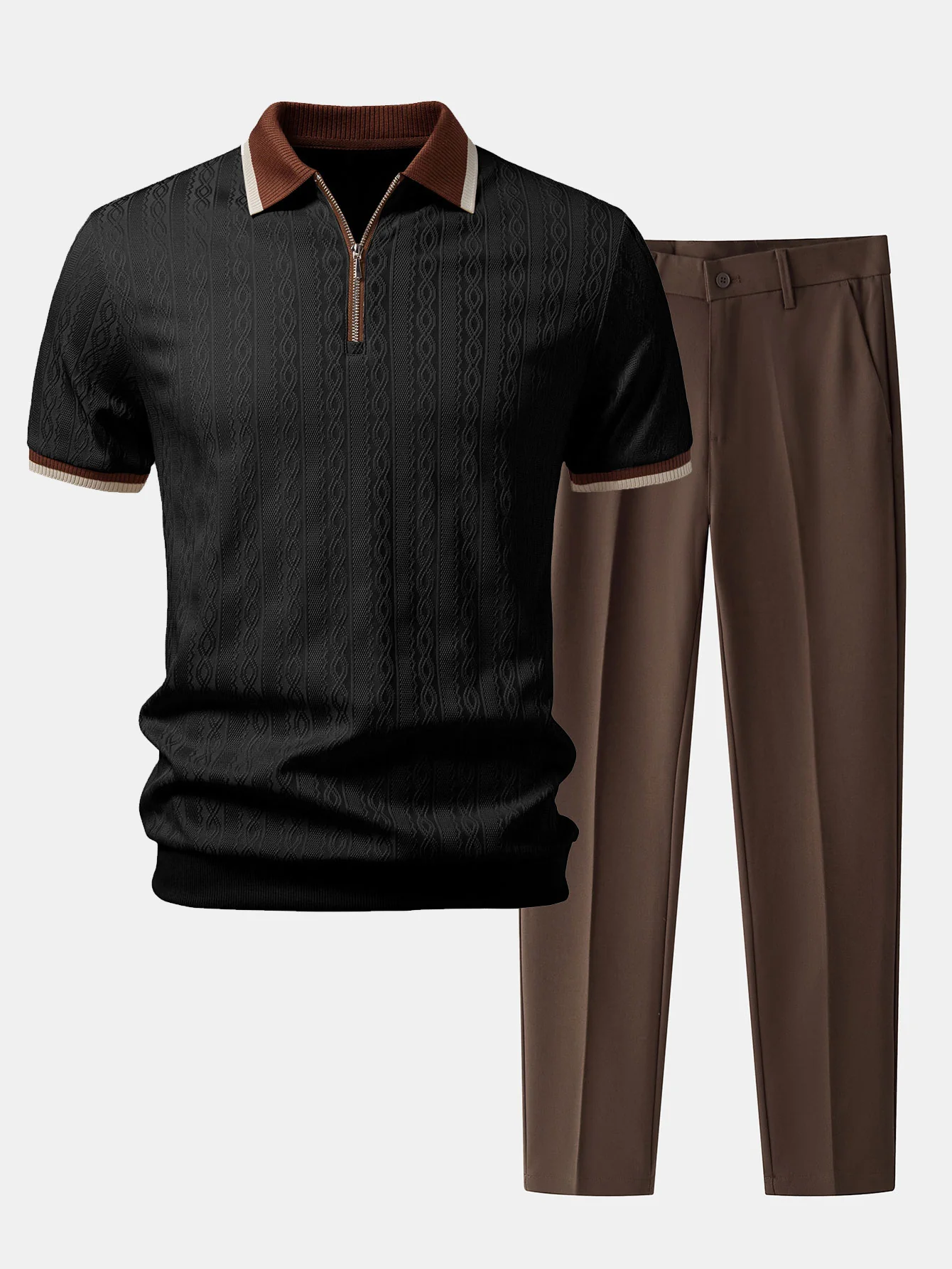 Contrast Trim Textured Zipper Knit Polo & Slim Fit Tapered Trousers - Image 3