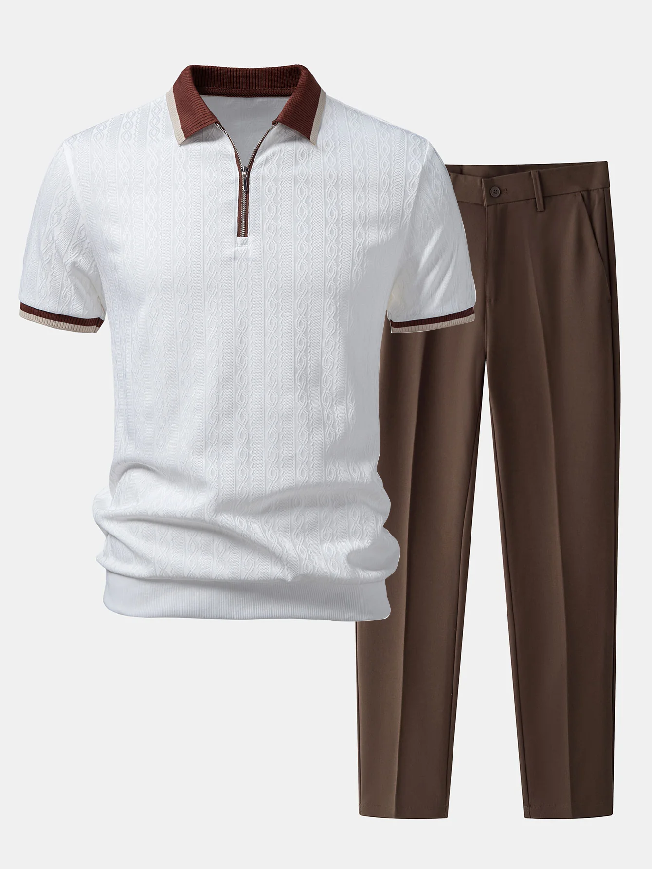 Contrast Trim Textured Zipper Knit Polo & Slim Fit Tapered Trousers - Image 4