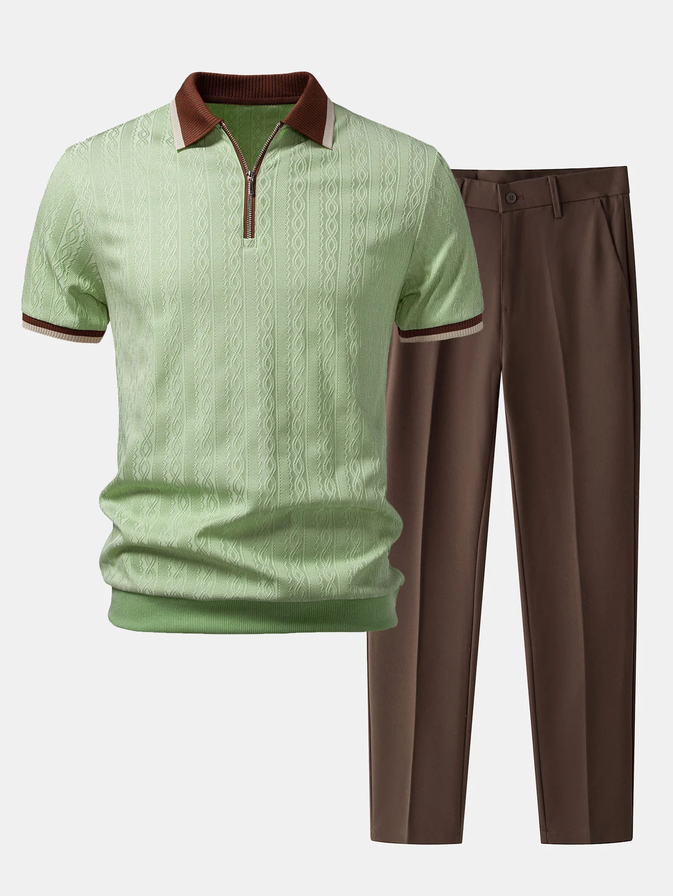Contrast Trim Textured Zipper Knit Polo & Slim Fit Tapered Trousers - Image 5