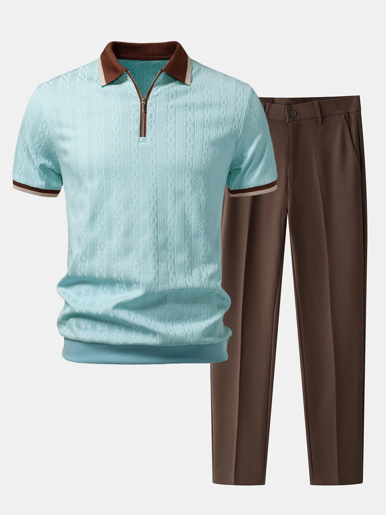 Contrast Trim Textured Zipper Knit Polo & Slim Fit Tapered Trousers - Image 6