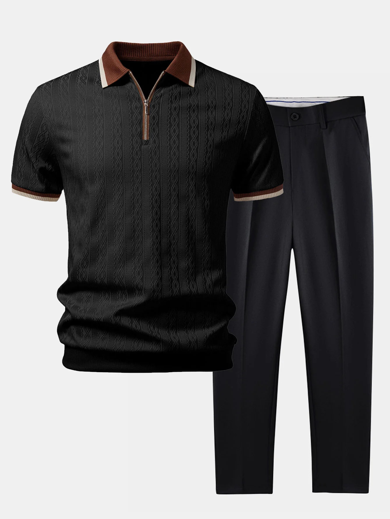 Contrast Trim Textured Zipper Knit Polo & Slim Fit Tapered Trousers - Image 2