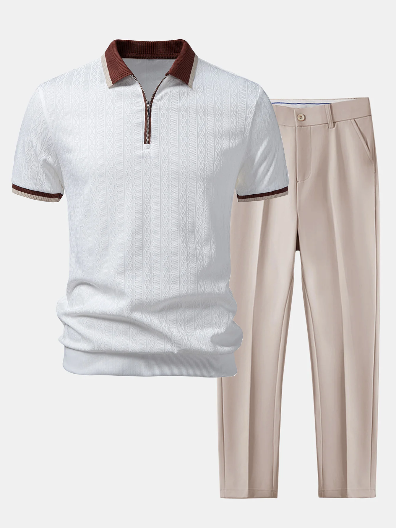 Contrast Trim Textured Zipper Knit Polo & Slim Fit Tapered Trousers - Image 3