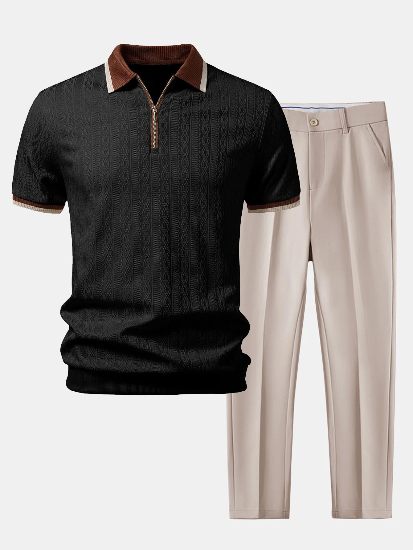 Contrast Trim Textured Zipper Knit Polo & Slim Fit Tapered Trousers - Image 4