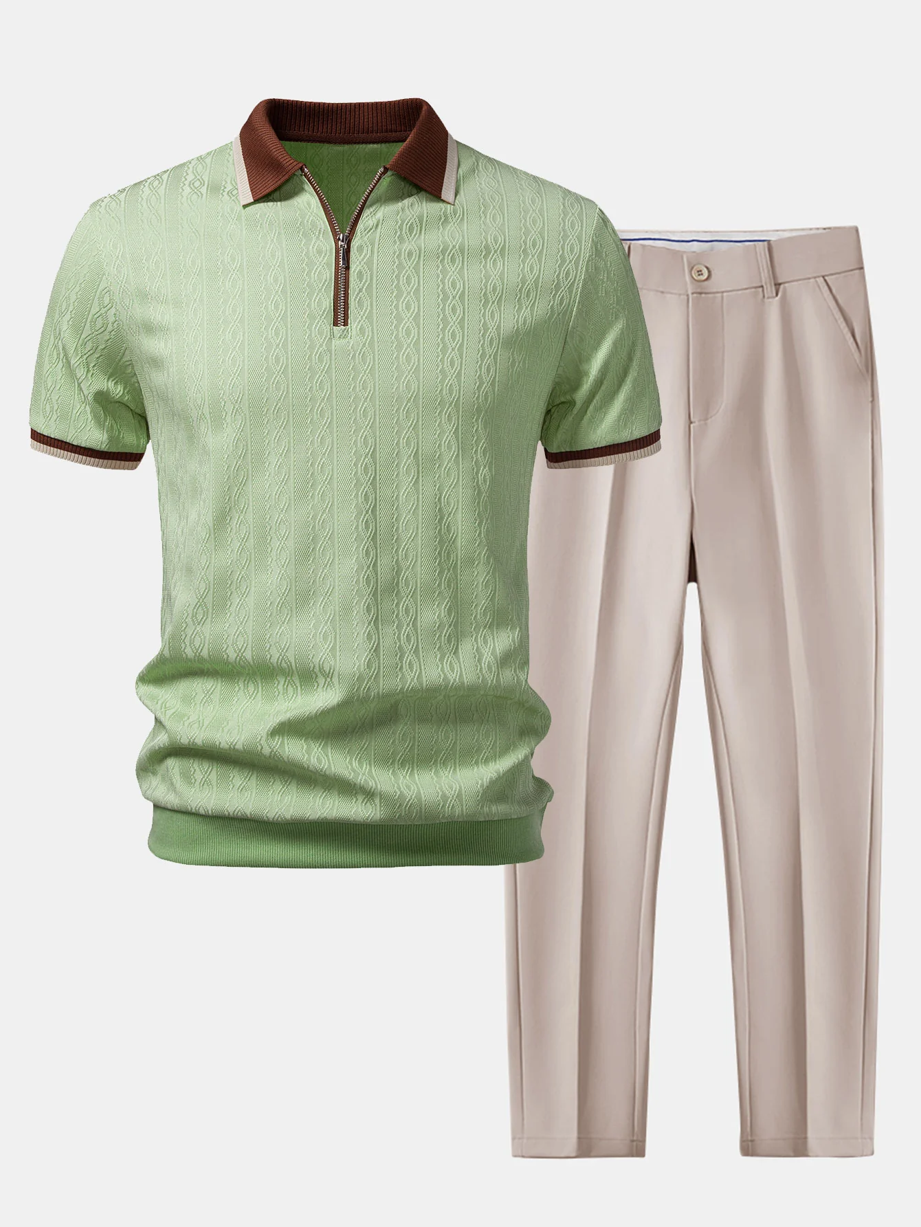 Contrast Trim Textured Zipper Knit Polo & Slim Fit Tapered Trousers - Image 5