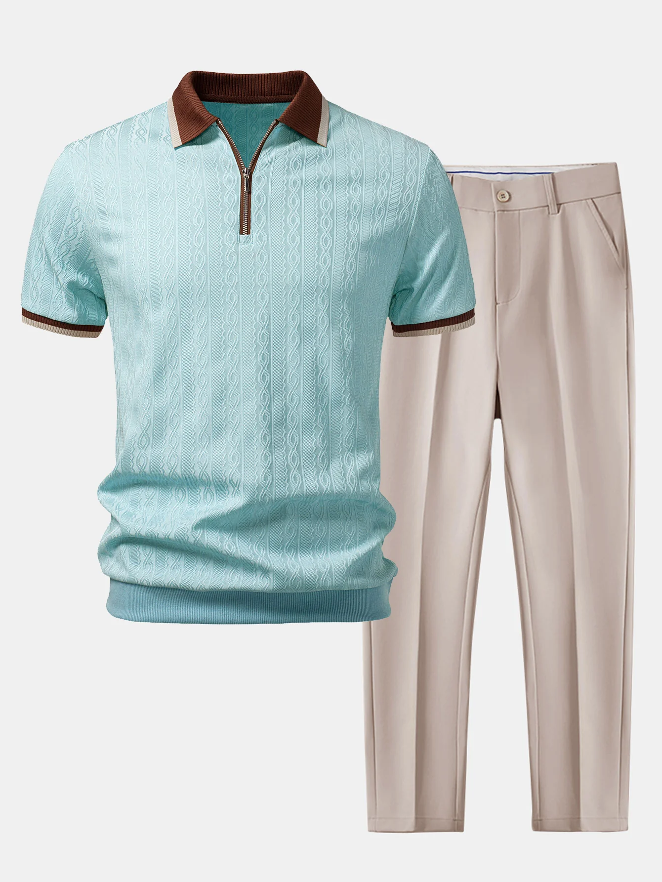 Contrast Trim Textured Zipper Knit Polo & Slim Fit Tapered Trousers - Image 6