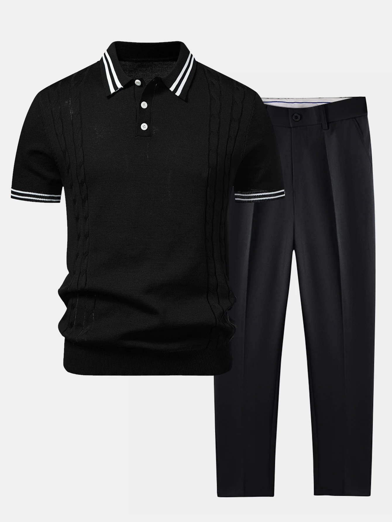 Contrast Trim Twisted Jacquard Knit Polo & Slim Fit Tapered Trousers - Image 2