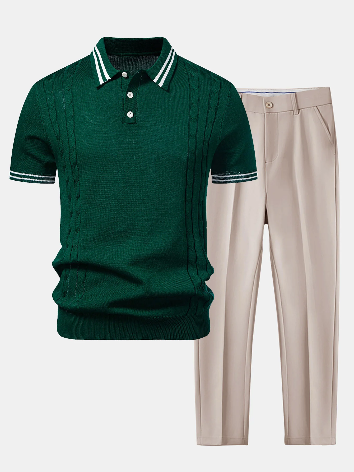 Contrast Trim Twisted Jacquard Knit Polo & Slim Fit Tapered Trousers - Image 3