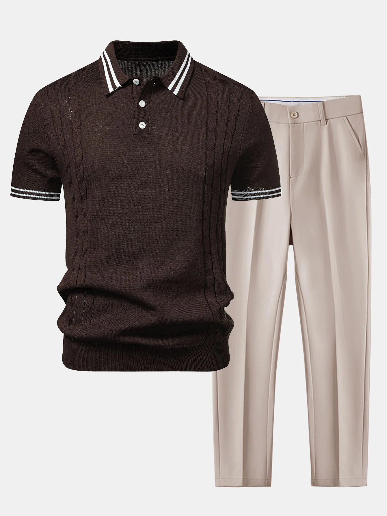 Contrast Trim Twisted Jacquard Knit Polo & Slim Fit Tapered Trousers - Image 4