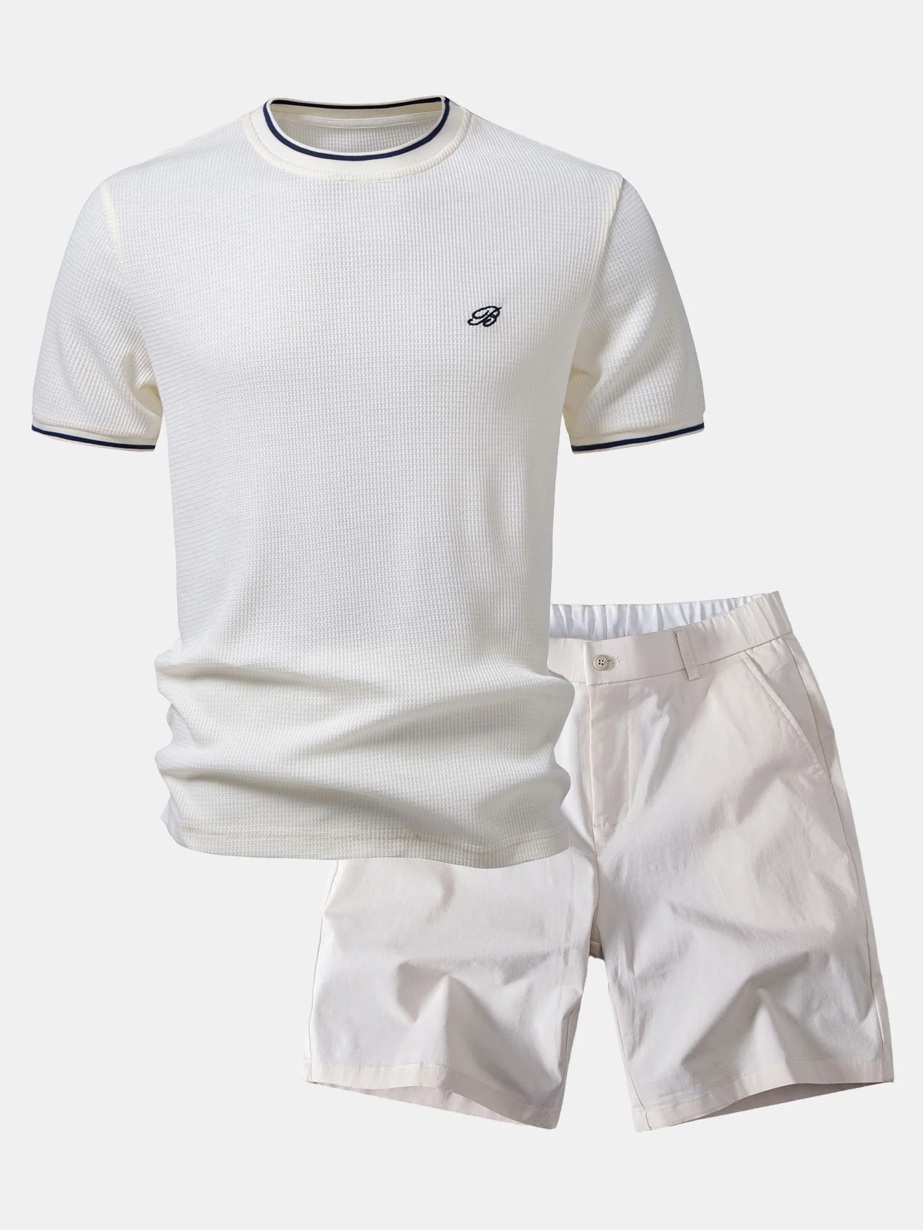 Contrast Trim Waffle Ringer T-Shirt & Elastic Waist Chino Shorts