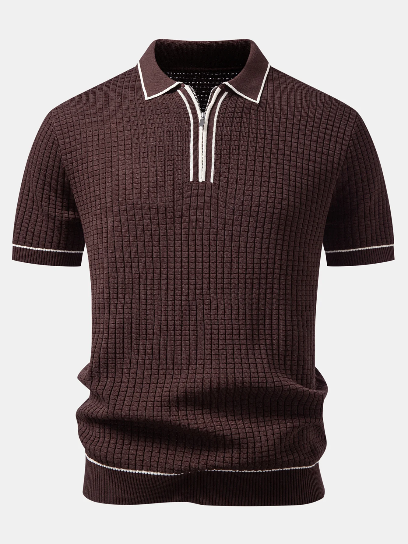 Contrast Trim Waffle Zipper Knit Polo - Image 5