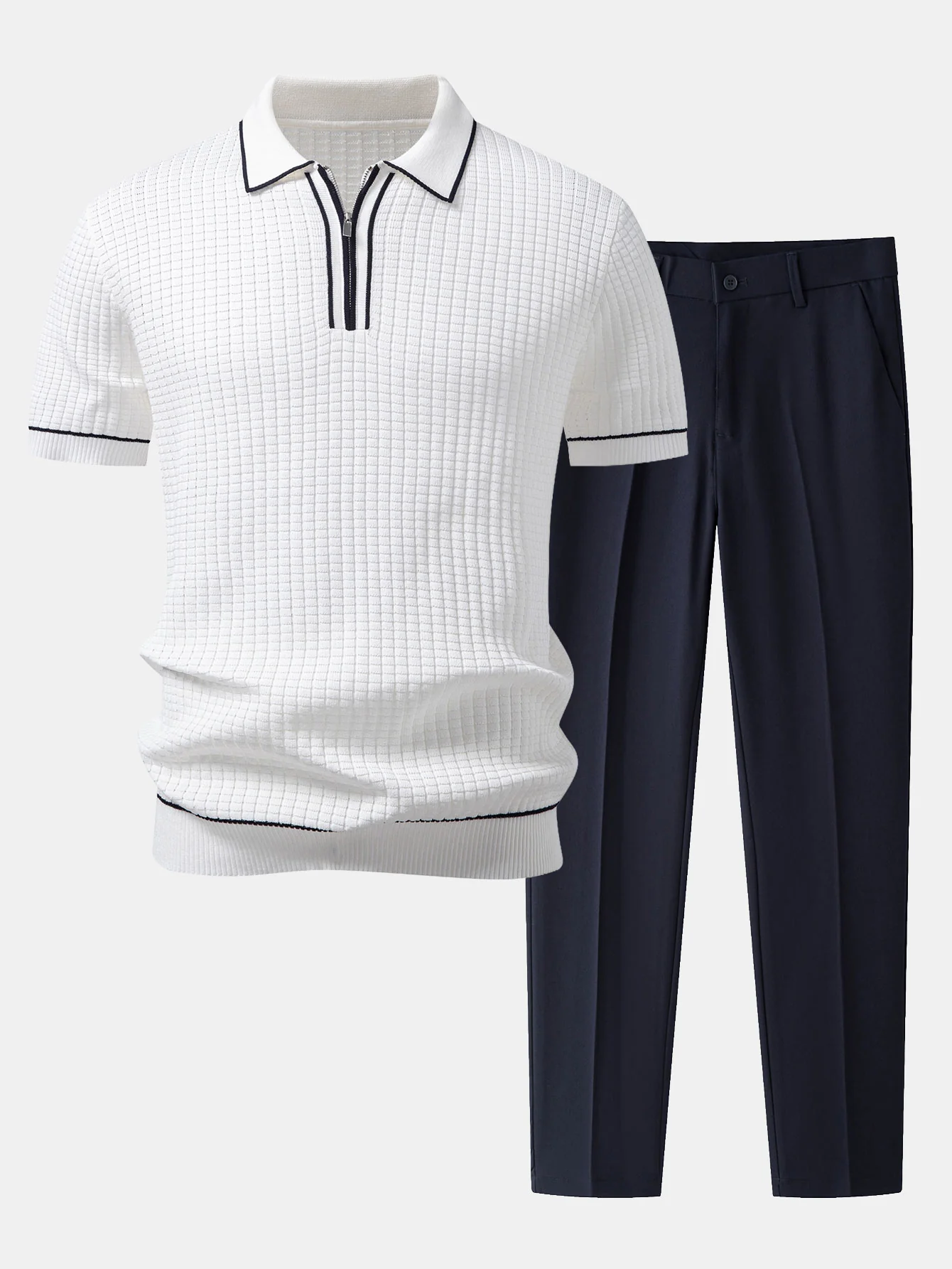 Contrast Trim Waffle Zipper Knit Polo & Slim Fit Tapered Trousers - Image 2