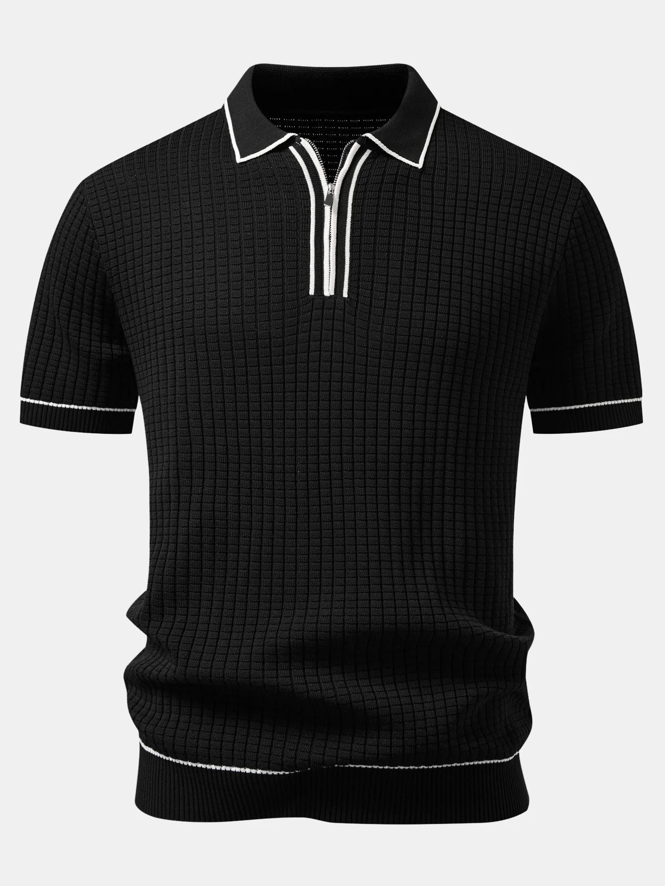 Contrast Trim Waffle Zipper Knit Polo - Image 3