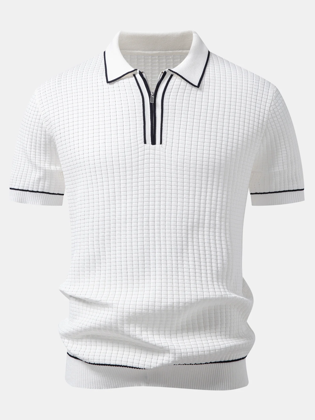 Contrast Trim Waffle Zipper Knit Polo