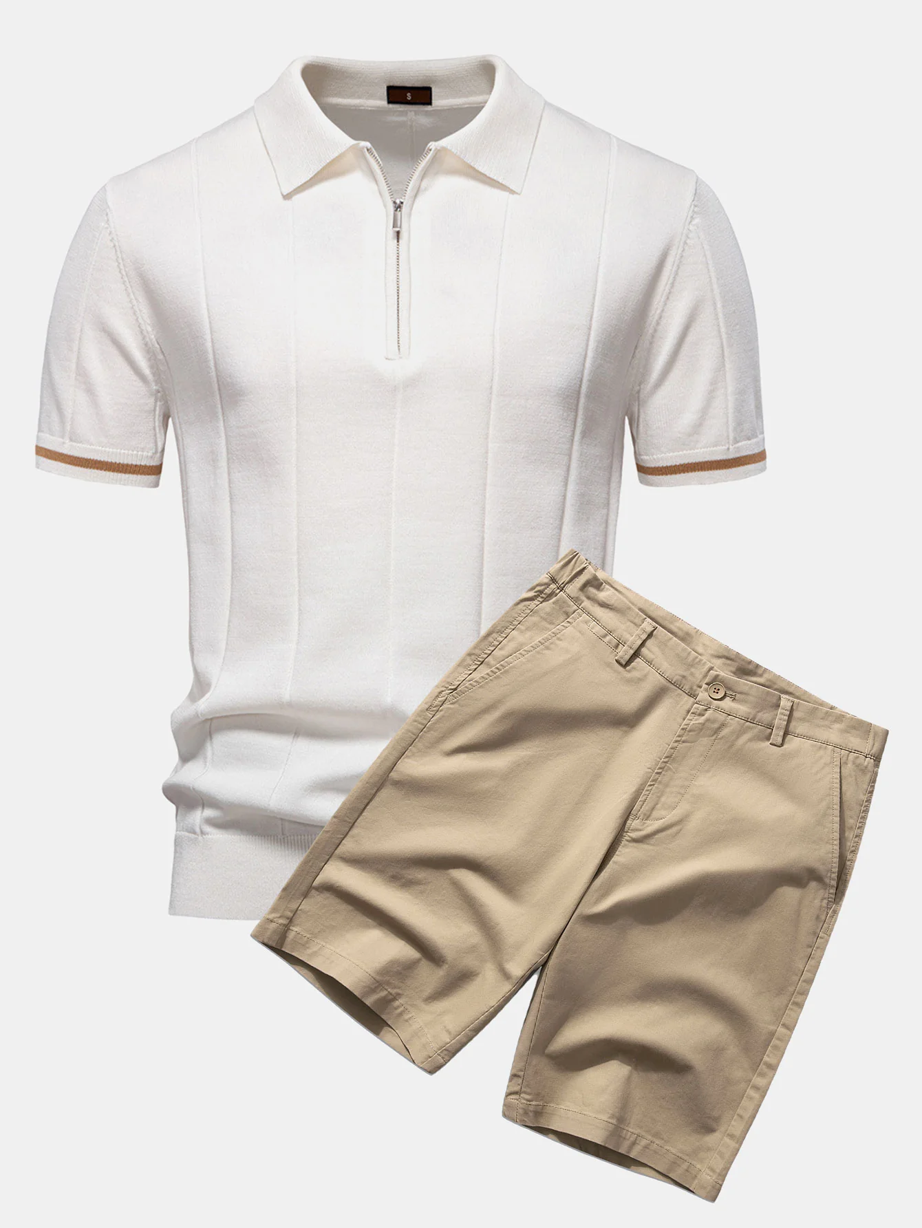 Kontrastbesatz Reißverschluss Strick Poloshirts & Baumwoll Chino Shorts - Image 3