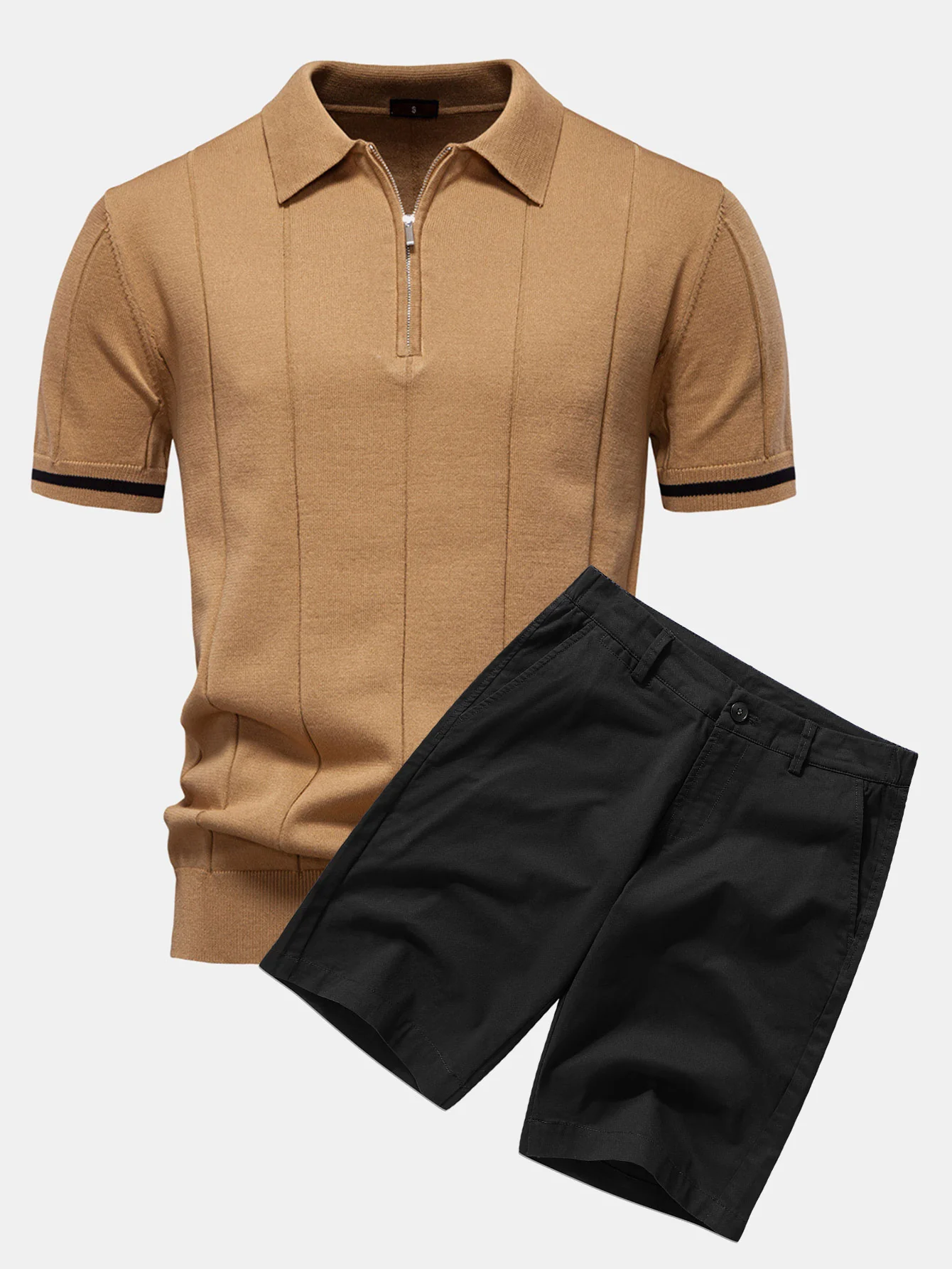Kontrastbesatz Reißverschluss Strick Poloshirts & Baumwoll Chino Shorts - Image 4