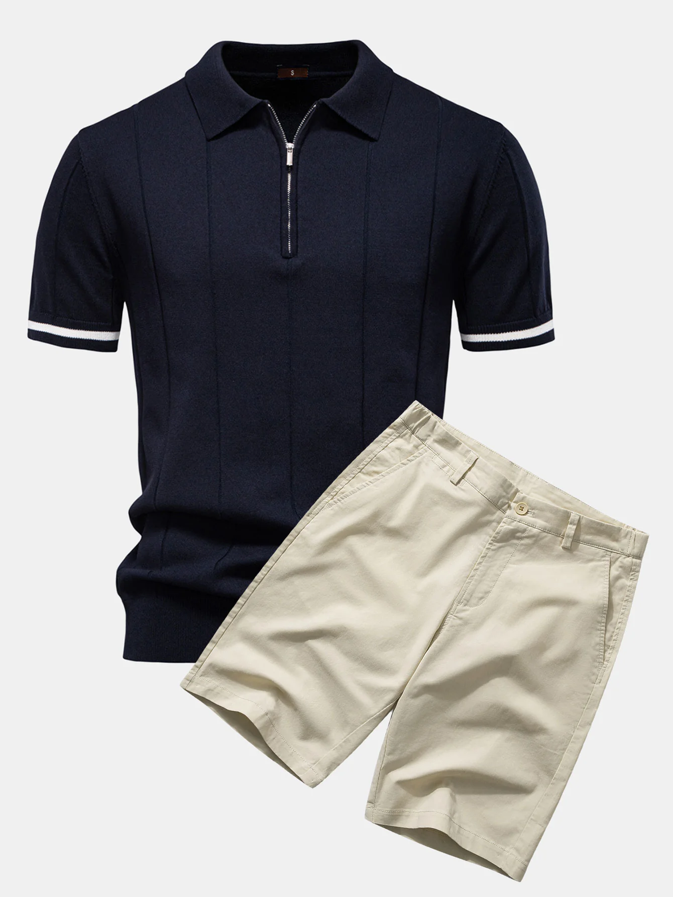 Kontrastbesatz Reißverschluss Strick Poloshirts & Baumwoll Chino Shorts - Image 5