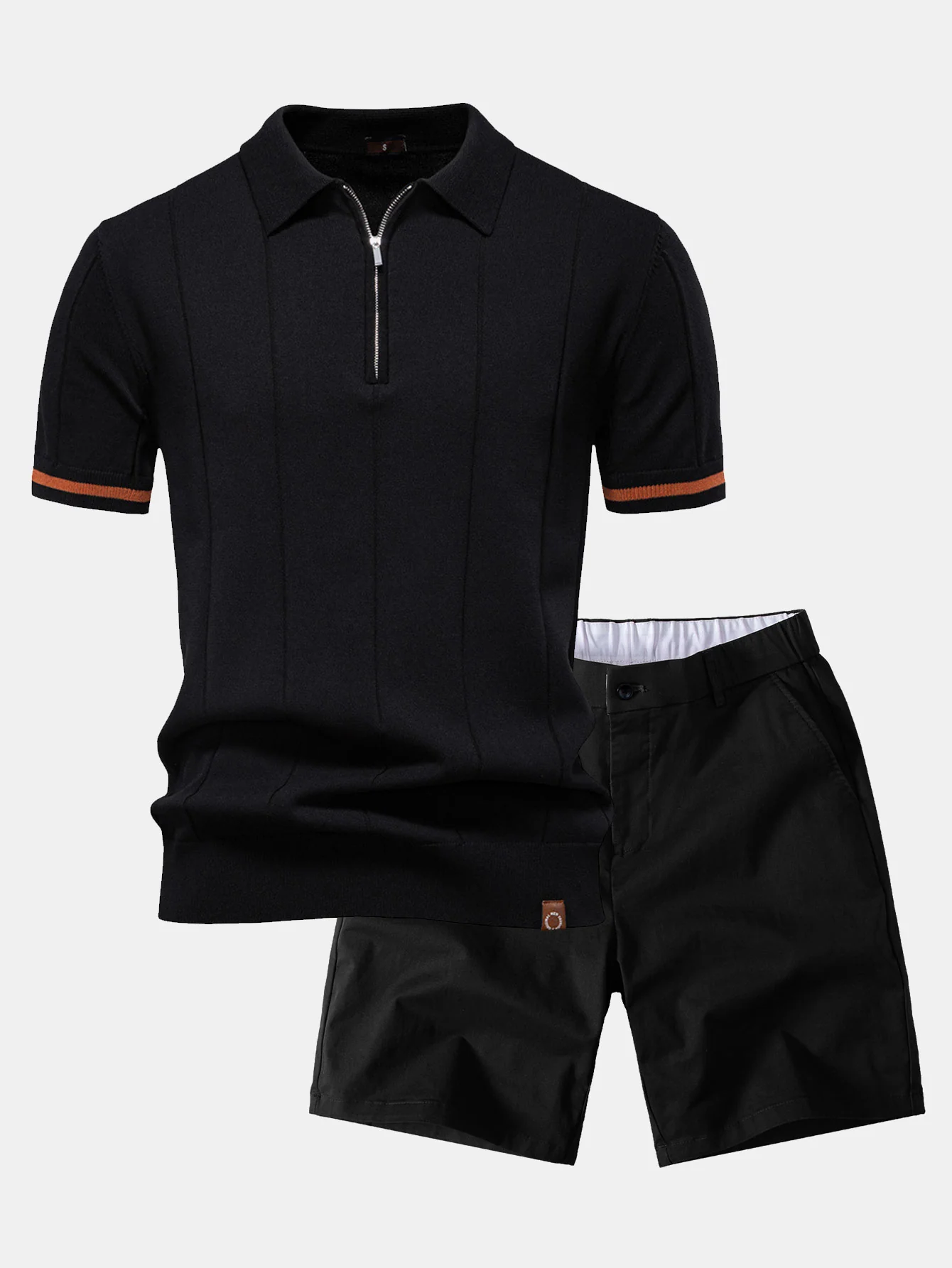 Contrast Trim Zipper Knit Polo Shirt & Elastic Waist Chino Shorts - Image 2
